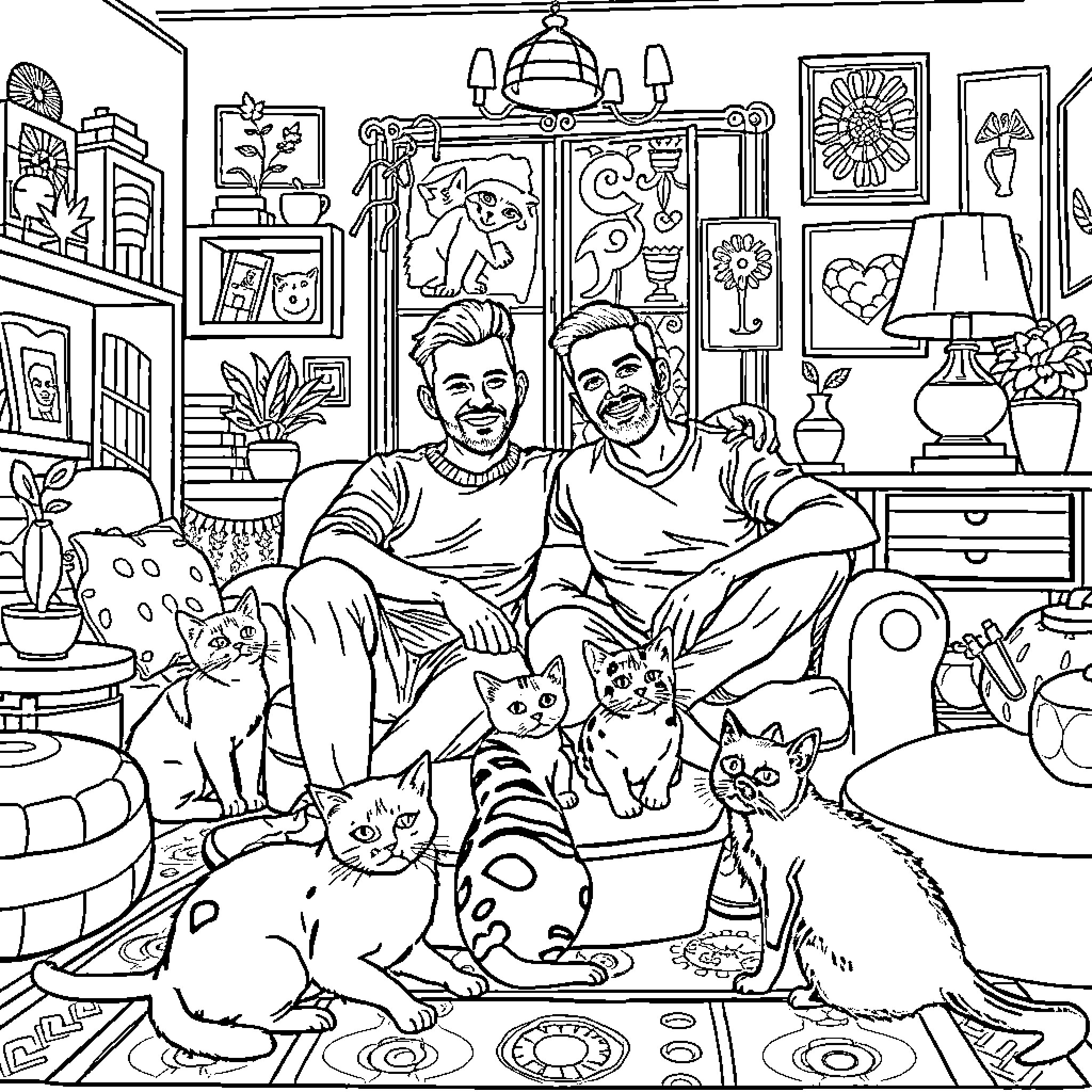 Man with friends surrounded by pets and artsy decor Coloring Page (free black-and-white line drawing printable PDF for all, from beginners to advanced learners, including children, teens, adults, and seniors)