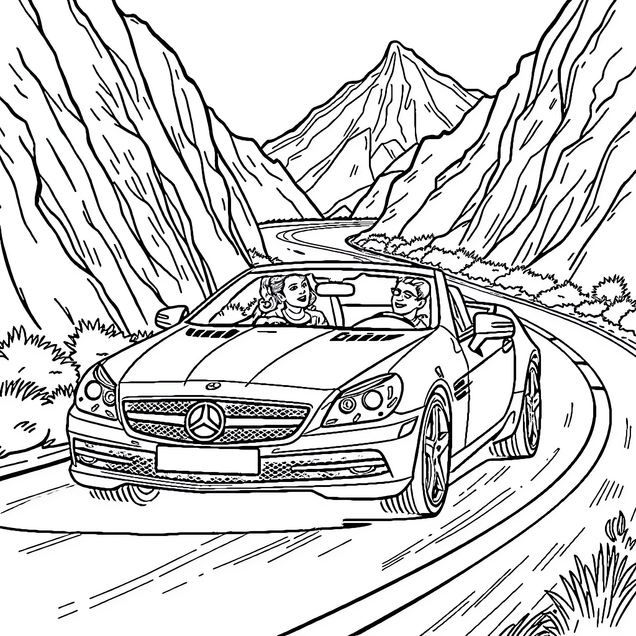 Mercedes SLK driving through scenic mountain road Coloring Page (free black-and-white line drawing printable PDF for all, from beginners to advanced learners, including children, teens, adults, and seniors)