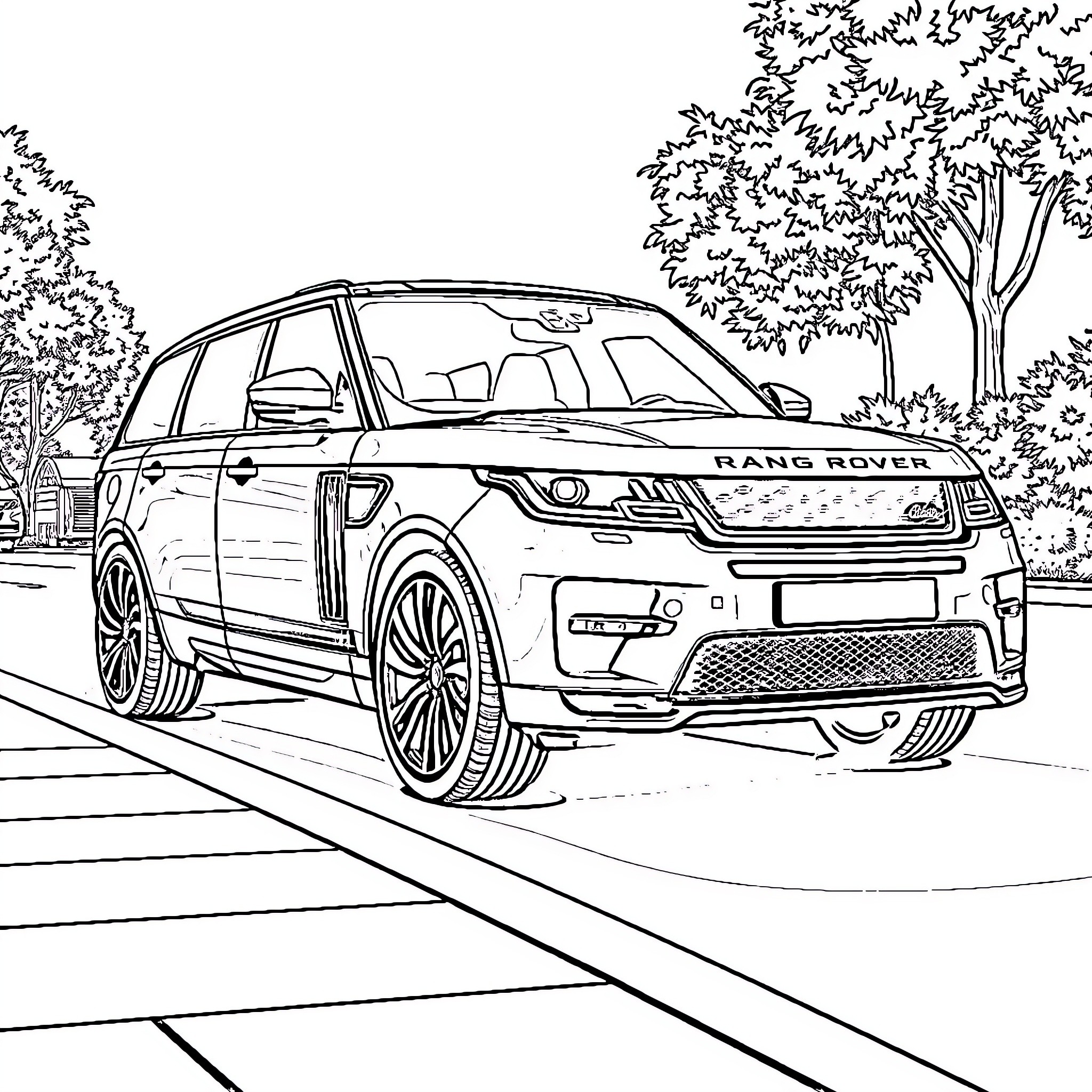 Rangover luxury sport utility vehicle on the road Coloring Page (free black-and-white line drawing printable PDF for all, from beginners to advanced learners, including children, teens, adults, and seniors)
