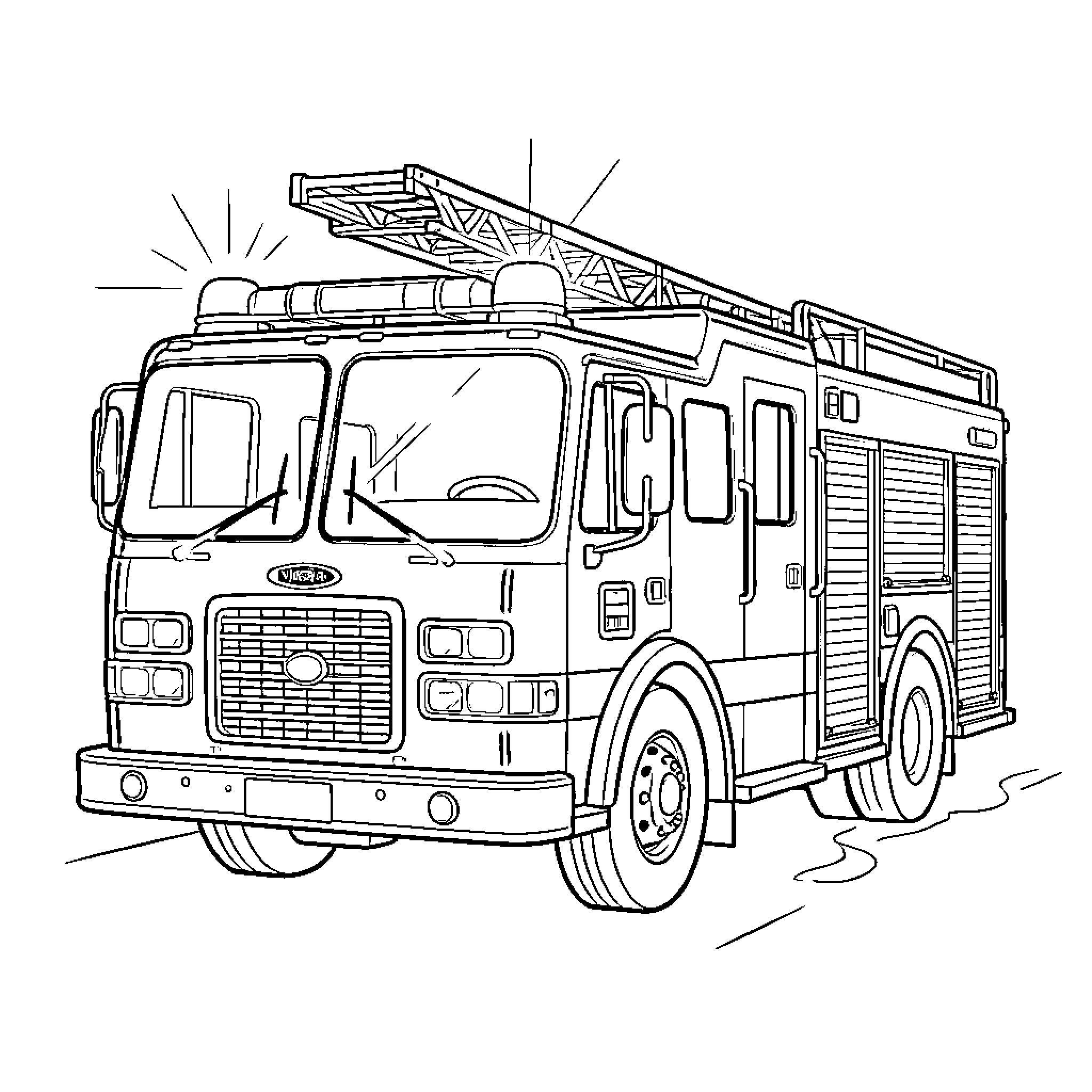 Fire Truck responding to an emergency call Coloring Page (free black-and-white line drawing printable PDF for all, from beginners to advanced learners, including children, teens, adults, and seniors)