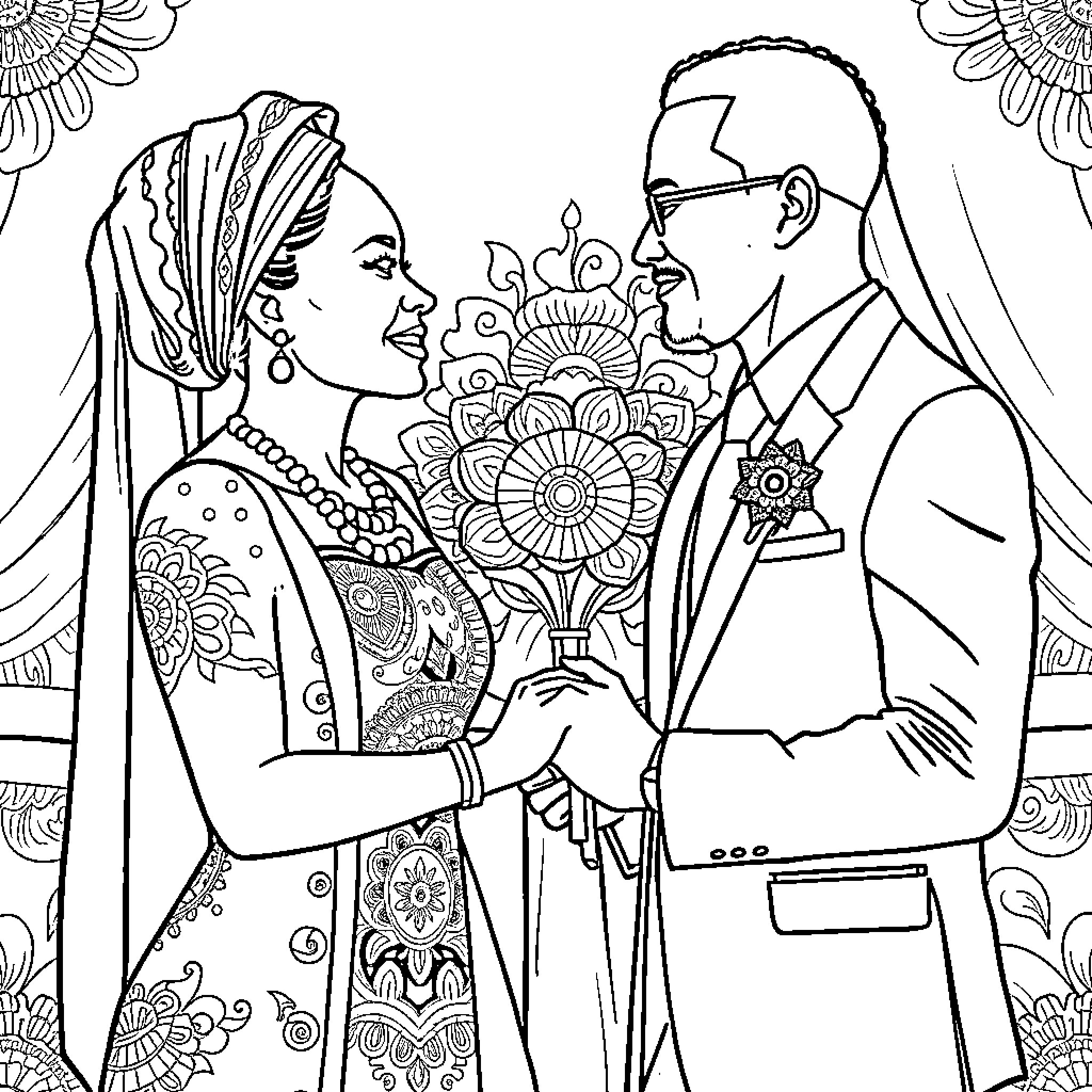 Woman in traditional dress embracing man in formal attire Coloring Page (free black-and-white line drawing printable PDF for all, from beginners to advanced learners, including children, teens, adults, and seniors)