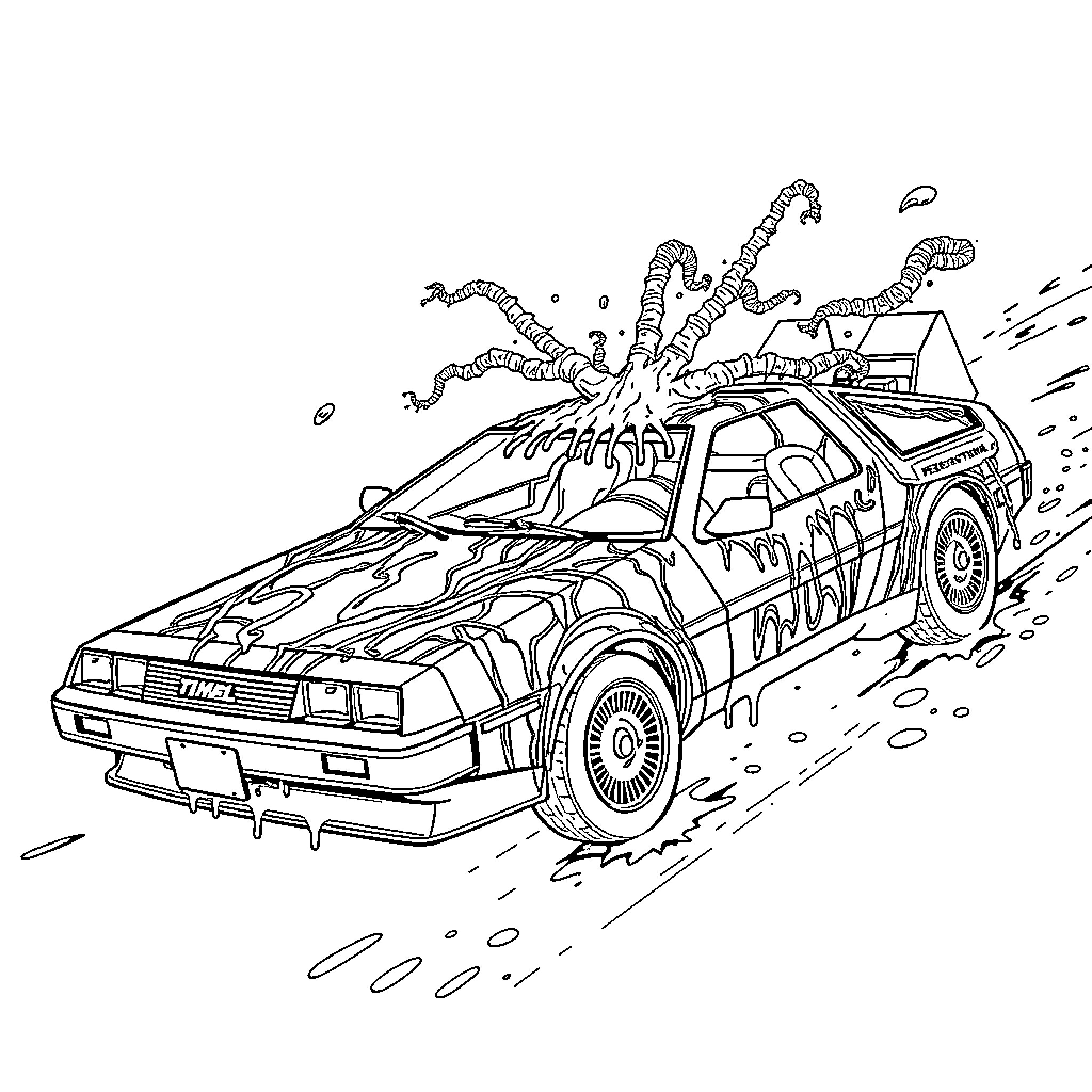 DeLorean time machine flying through the air Coloring Page (free black-and-white line drawing printable PDF for all, from beginners to advanced learners, including children, teens, adults, and seniors)