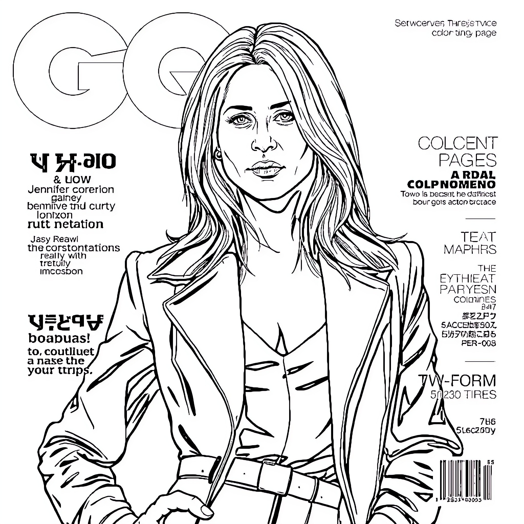 Jennifer Aniston on the cover of GQ magazine Coloring Page (free black-and-white line drawing printable PDF for all, from beginners to advanced learners, including children, teens, adults, and seniors)