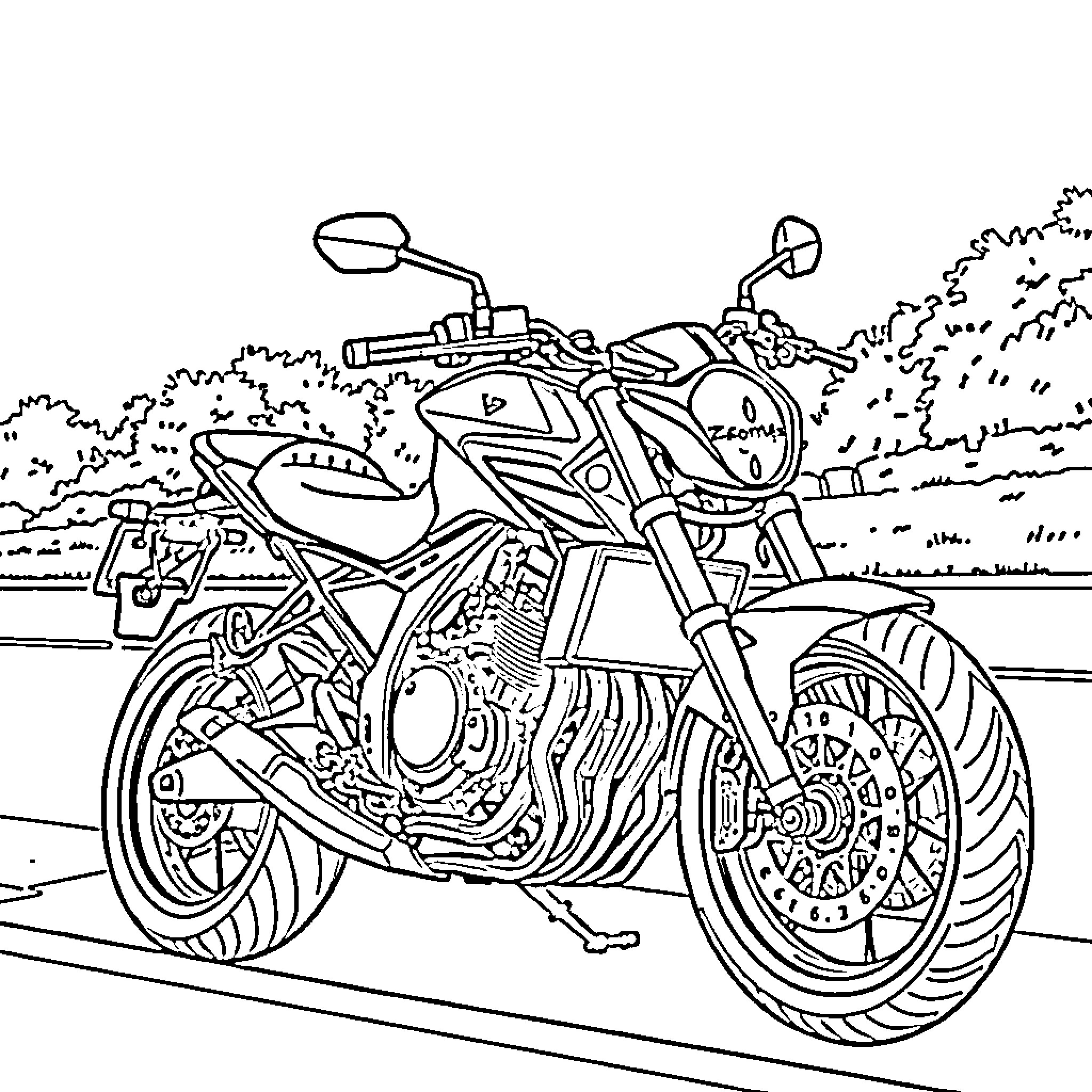 Zontes X350 motorcycle on scenic road Coloring Page (free black-and-white line drawing printable PDF for all, from beginners to advanced learners, including children, teens, adults, and seniors)