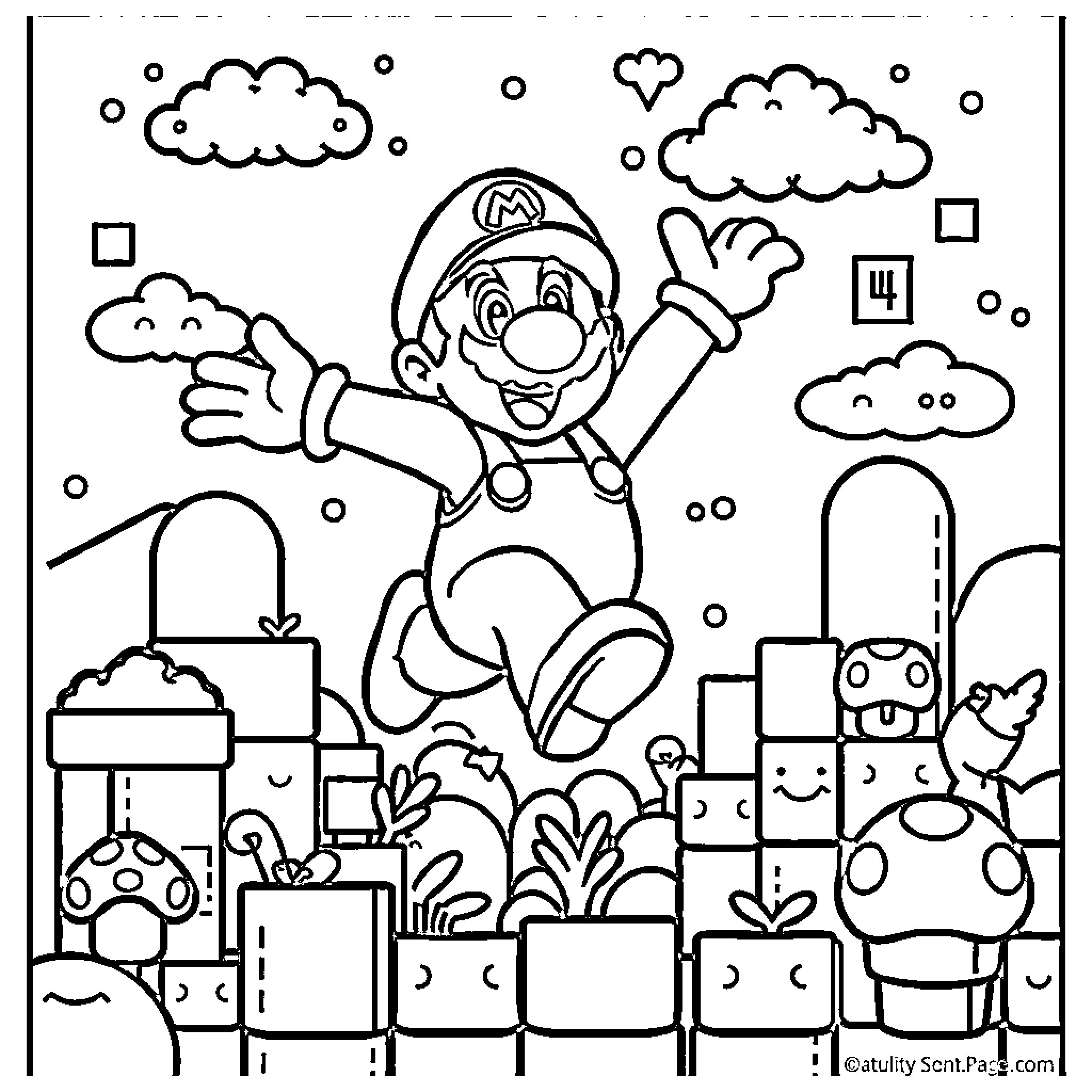 Super Mario Jumping Happily in the Mushroom Kingdom Coloring Page (free black-and-white line drawing printable PDF for all, from beginners to advanced learners, including children, teens, adults, and seniors)