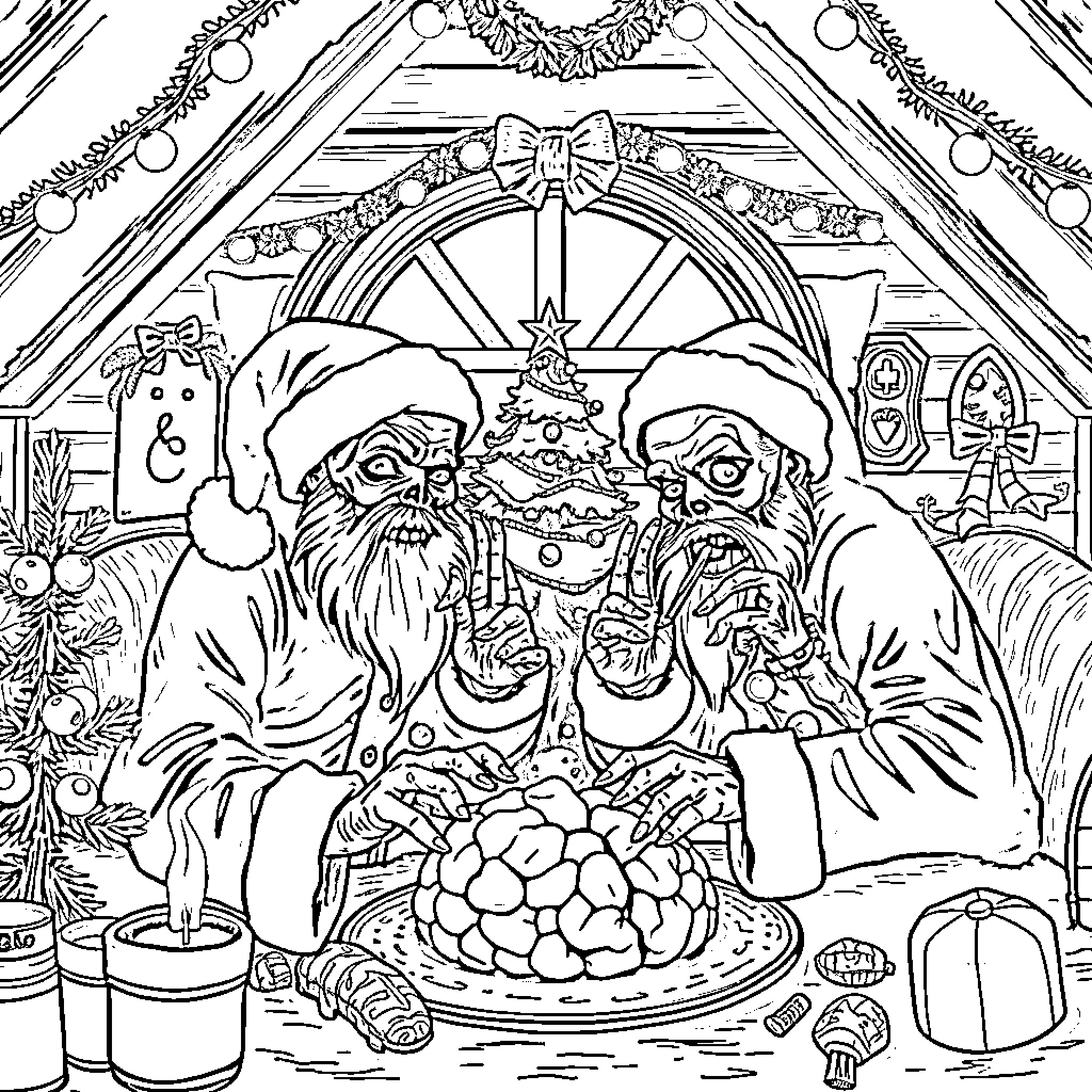 Zombie Santa and Deranged Elves Celebrate Christmas Chaos Coloring Page (free black-and-white line drawing printable PDF for all, from beginners to advanced learners, including children, teens, adults, and seniors)