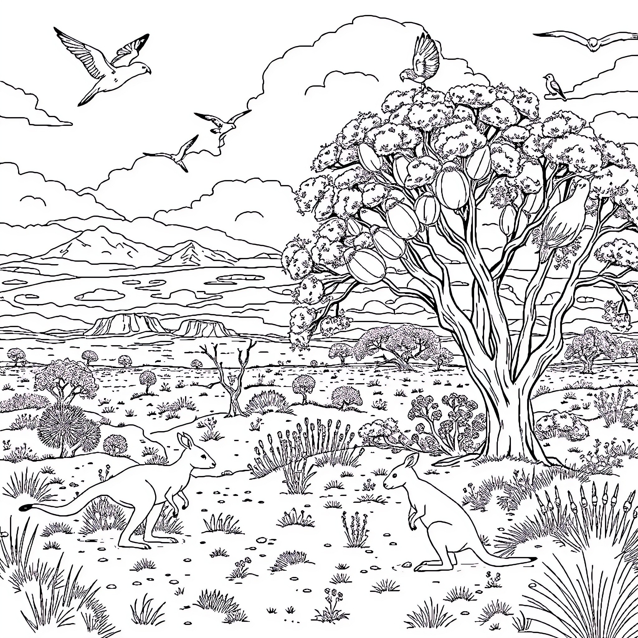 Animal friends in the lush desert landscape Coloring Page (free black-and-white line drawing printable PDF for all, from beginners to advanced learners, including children, teens, adults, and seniors)