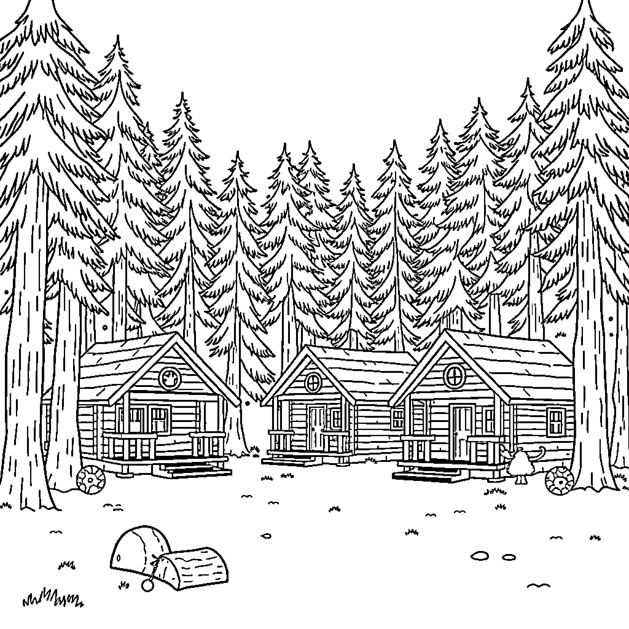 Cabin in the snowy pine forest Coloring Page (free black-and-white line drawing printable PDF for all, from beginners to advanced learners, including children, teens, adults, and seniors)