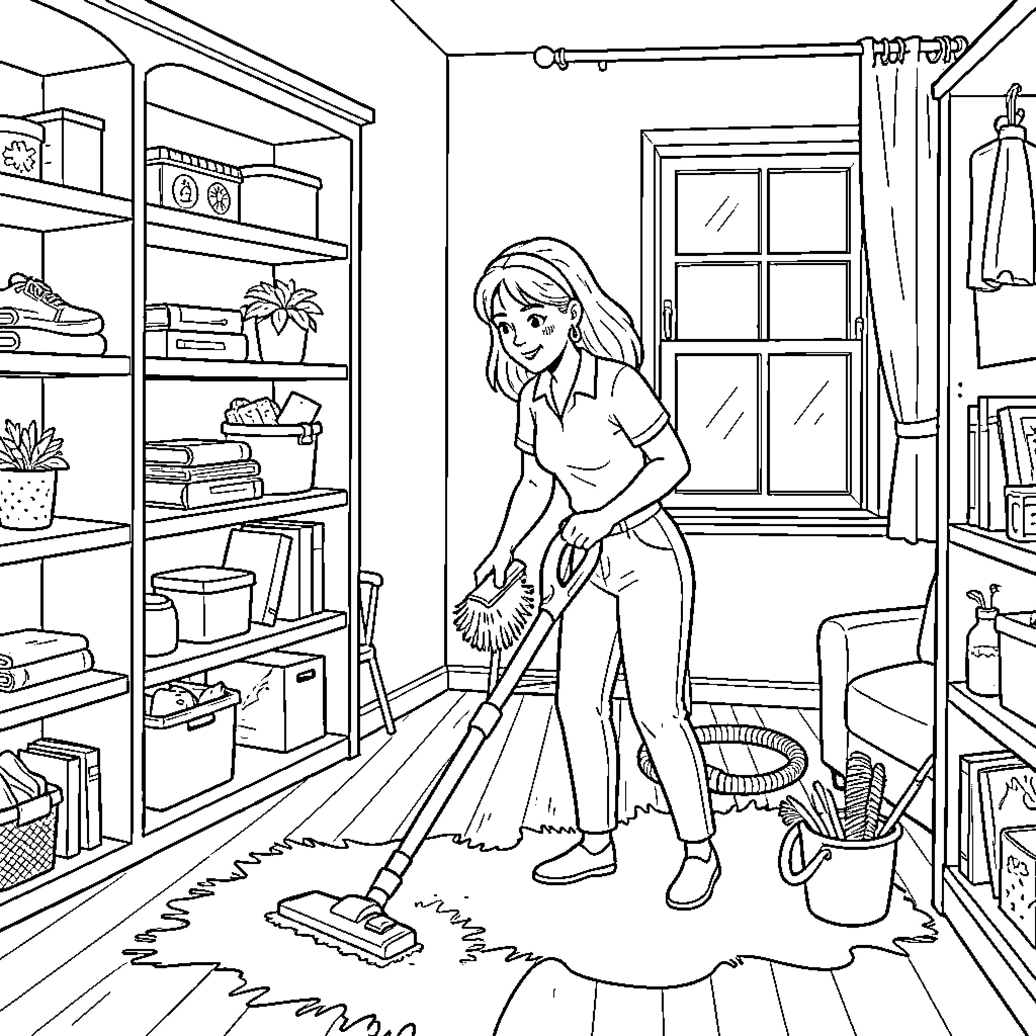 Wife tidying up and cleaning the cozy home Coloring Page (free black-and-white line drawing printable PDF for all, from beginners to advanced learners, including children, teens, adults, and seniors)