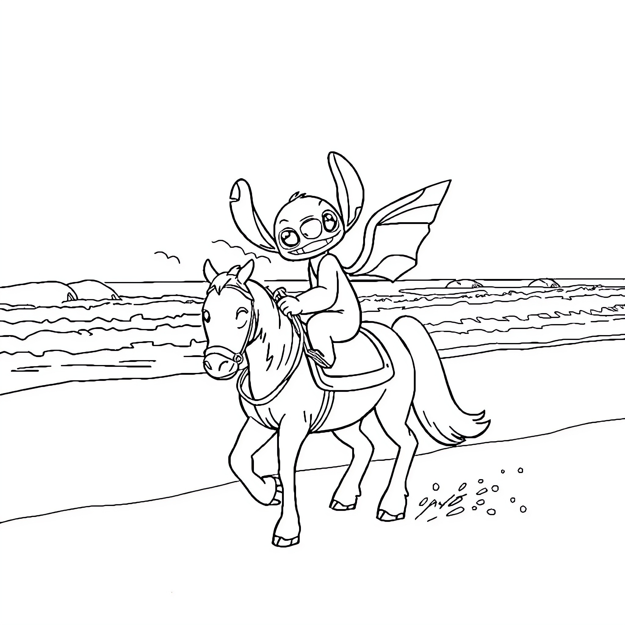 Stitch riding a horse on the beach Coloring Page (free black-and-white line drawing printable PDF for all, from beginners to advanced learners, including children, teens, adults, and seniors)
