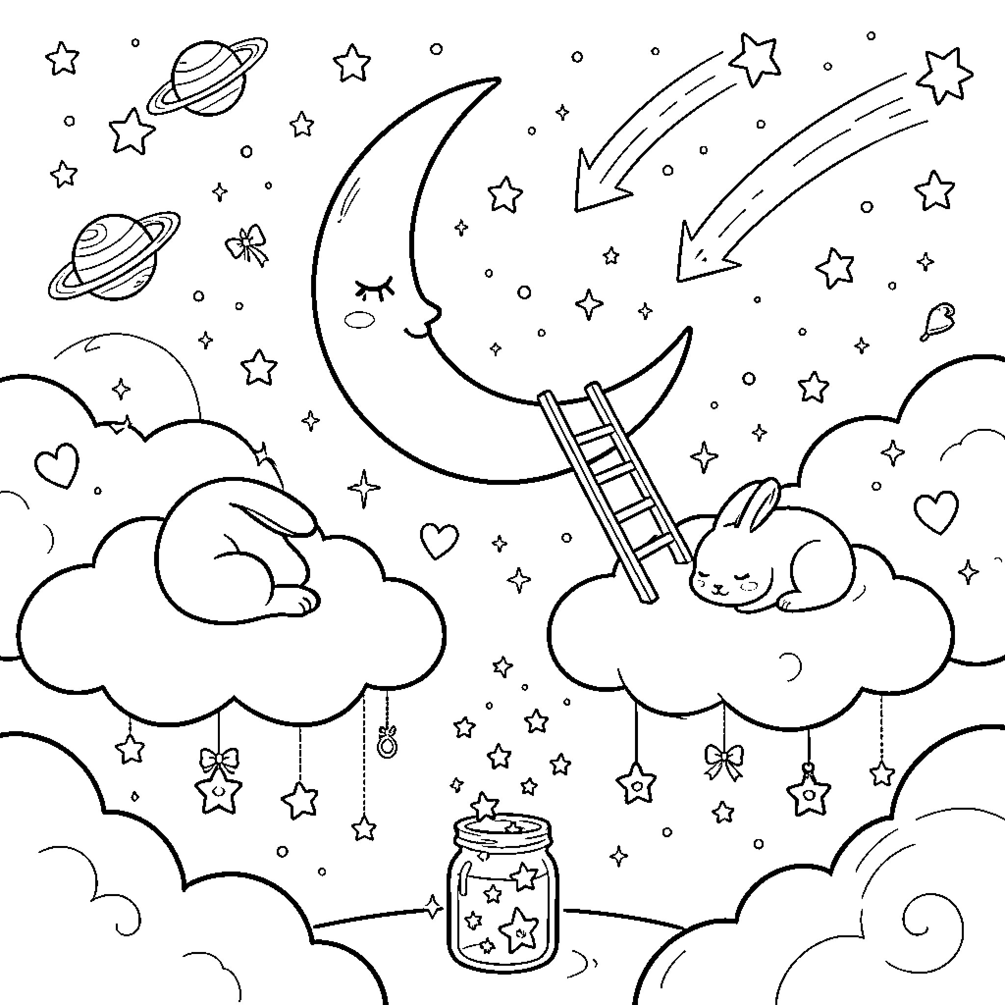 Moon smiling while rabbits sleep on fluffy clouds Coloring Page (free black-and-white line drawing printable PDF for all, from beginners to advanced learners, including children, teens, adults, and seniors)