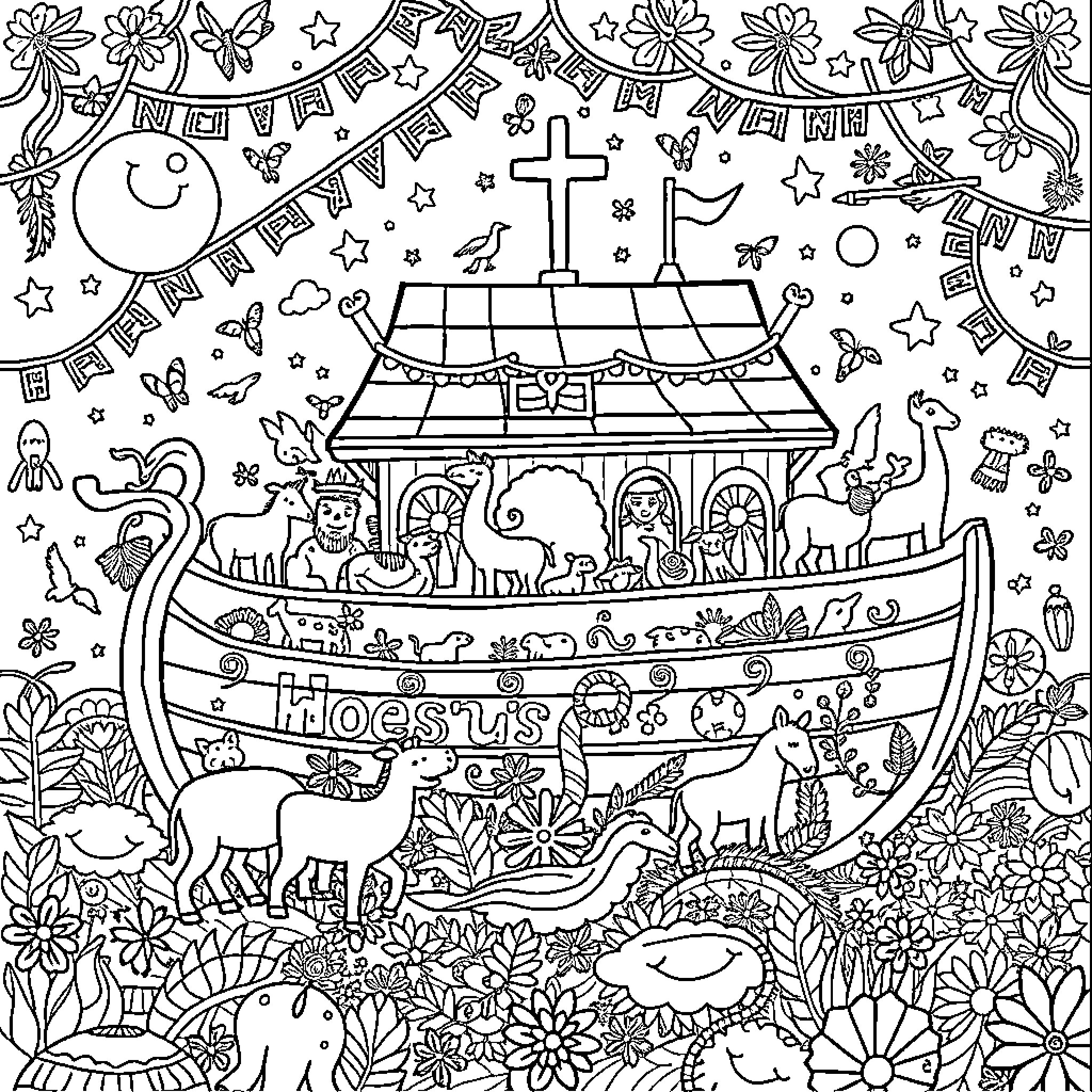 Noah's Ark with Animals and Religious Symbols Coloring Page (free black-and-white line drawing printable PDF for all, from beginners to advanced learners, including children, teens, adults, and seniors)