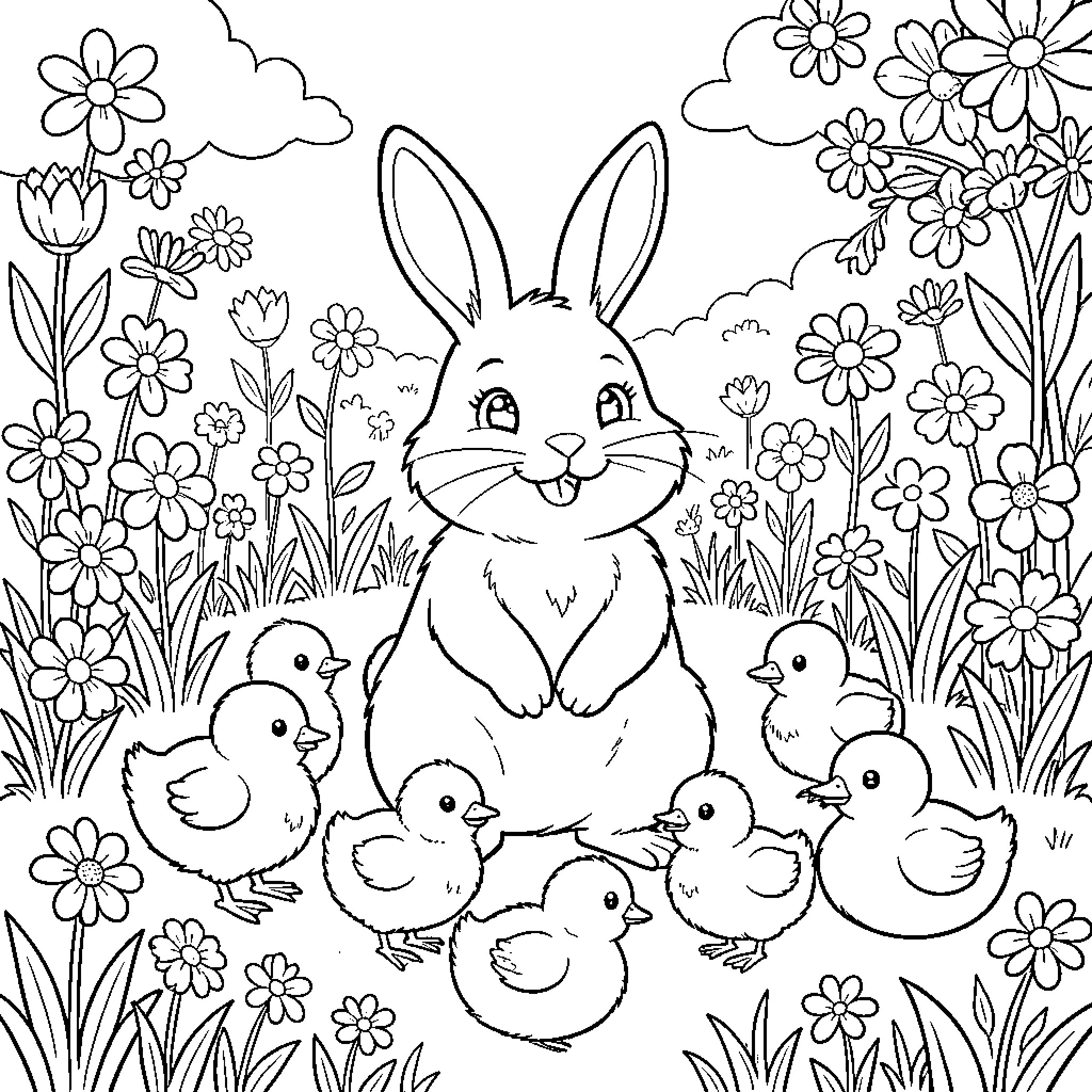 Bunny surrounded by playful ducklings in a flowery meadow Coloring Page (free black-and-white line drawing printable PDF for all, from beginners to advanced learners, including children, teens, adults, and seniors)