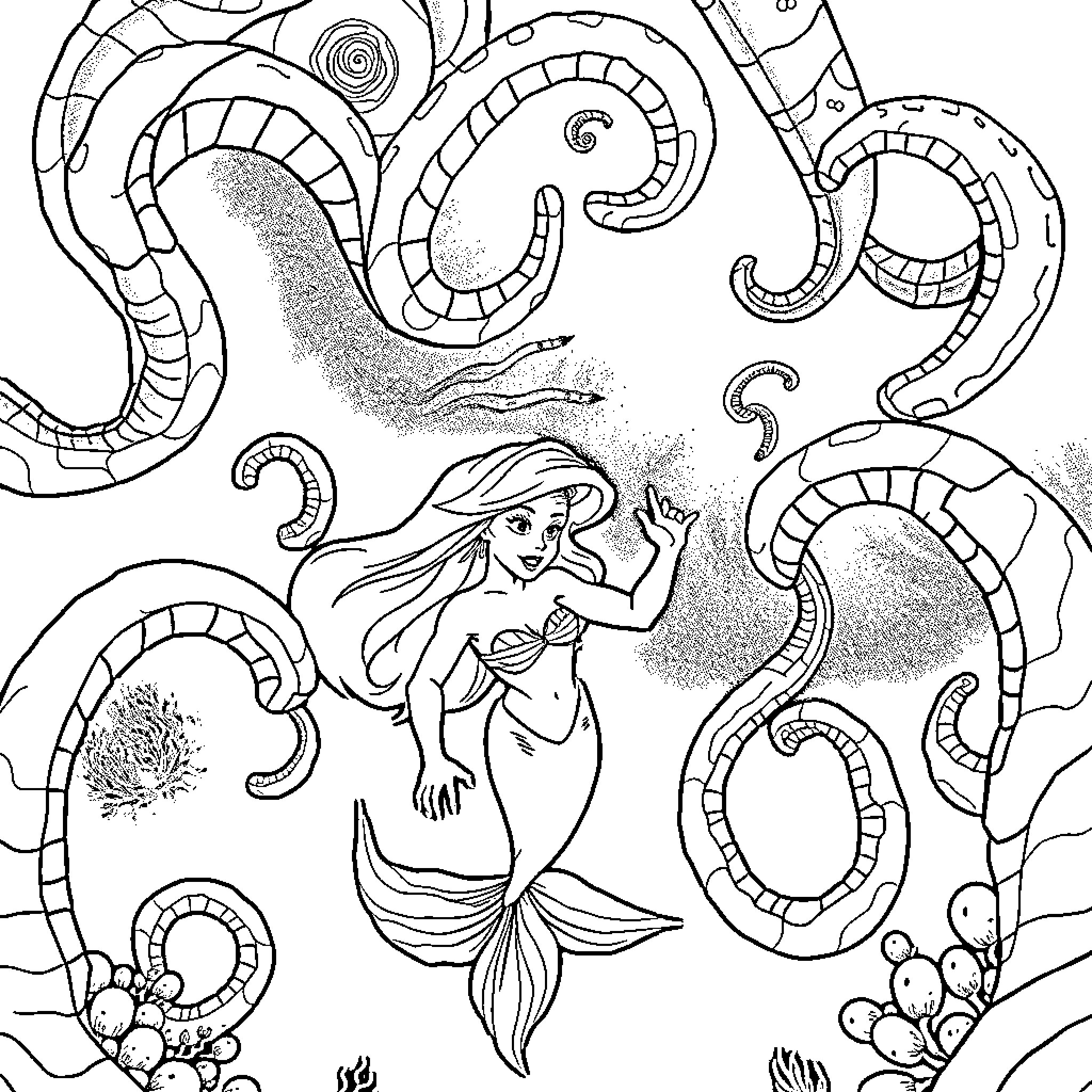 Ariel's Underwater Enchantment Coloring Page (free black-and-white line drawing printable PDF for all, from beginners to advanced learners, including children, teens, adults, and seniors)