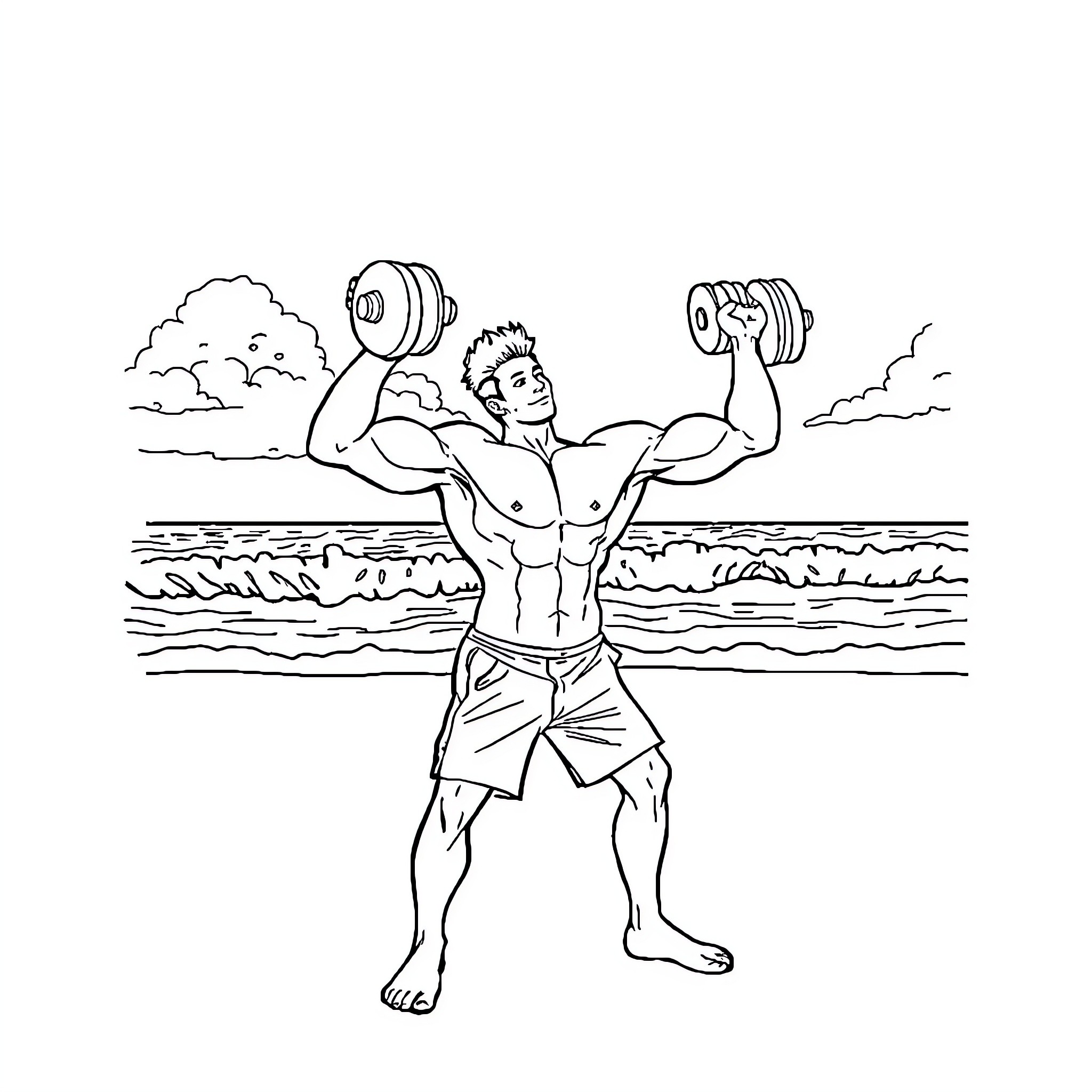 Weight Lifting Man Flexing Muscles on Beach Coloring Page (free black-and-white line drawing printable PDF for all, from beginners to advanced learners, including children, teens, adults, and seniors)