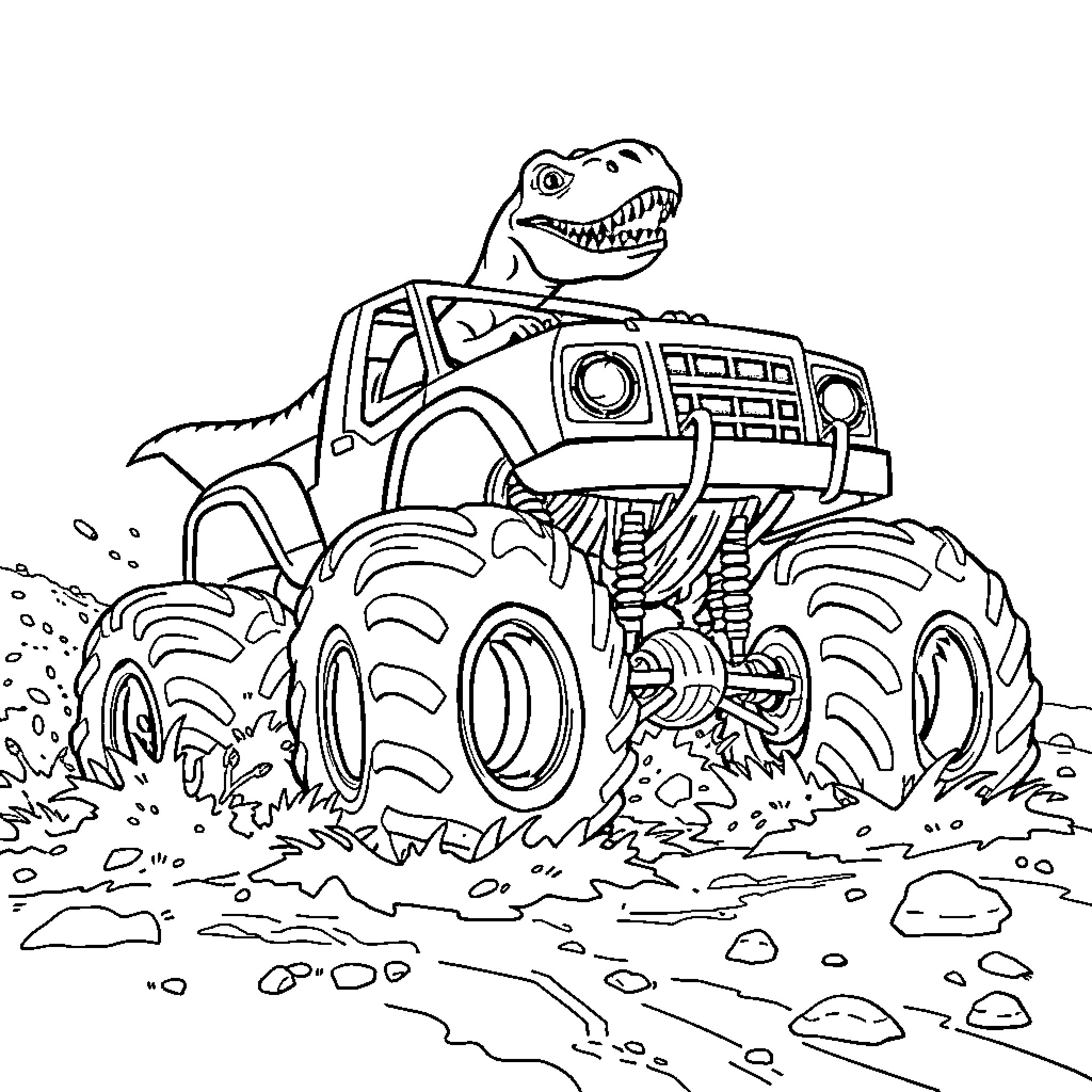 Dino driving Monster Truck through mud and rocks Coloring Page (free black-and-white line drawing printable PDF for all, from beginners to advanced learners, including children, teens, adults, and seniors)