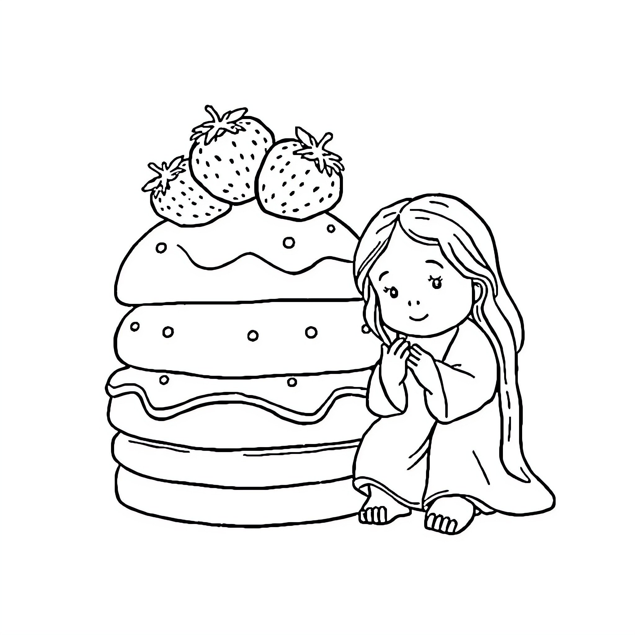 Strawberry Shortcake with a young girl Coloring Page (free black-and-white line drawing printable PDF for all, from beginners to advanced learners, including children, teens, adults, and seniors)