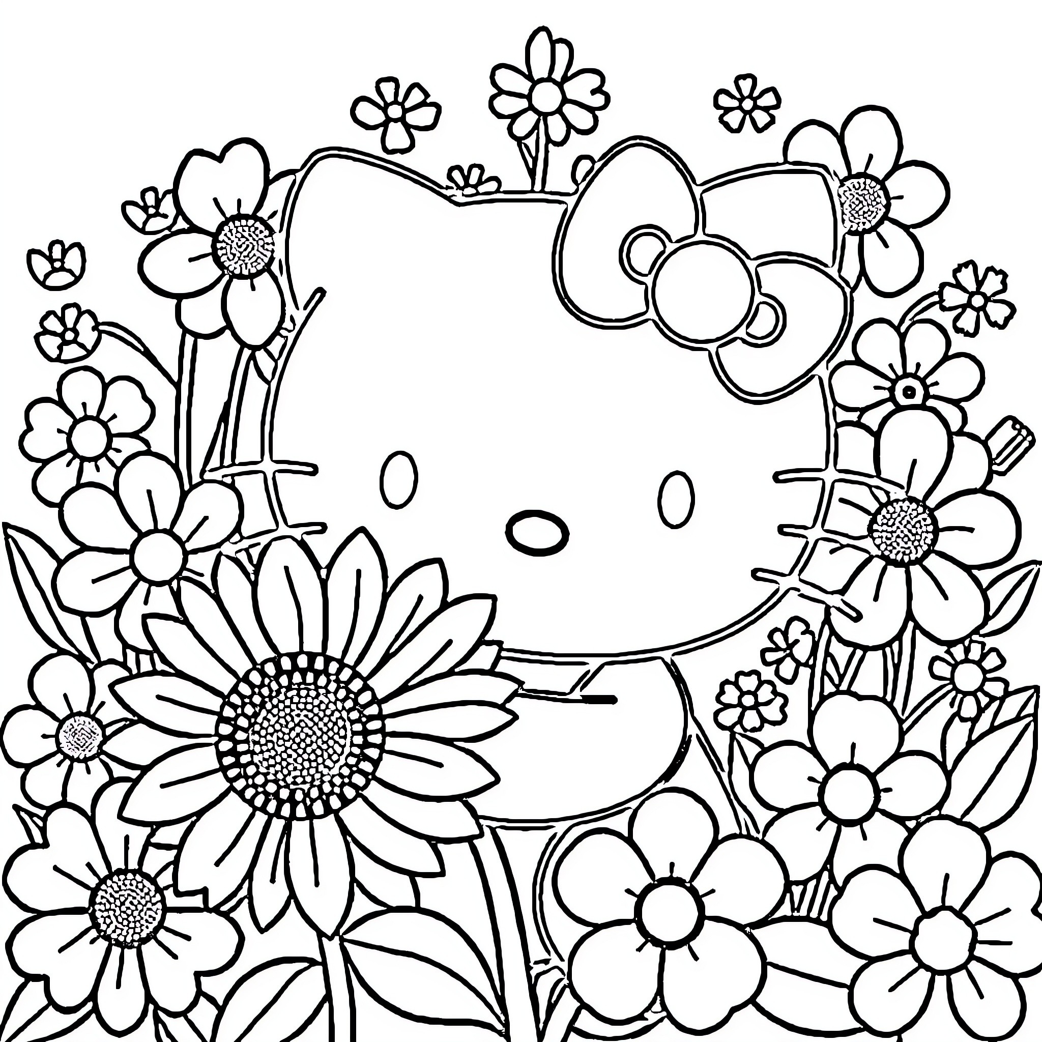 Hello Kitty surrounded by blooming flowers Coloring Page (free black-and-white line drawing printable PDF for all, from beginners to advanced learners, including children, teens, adults, and seniors)