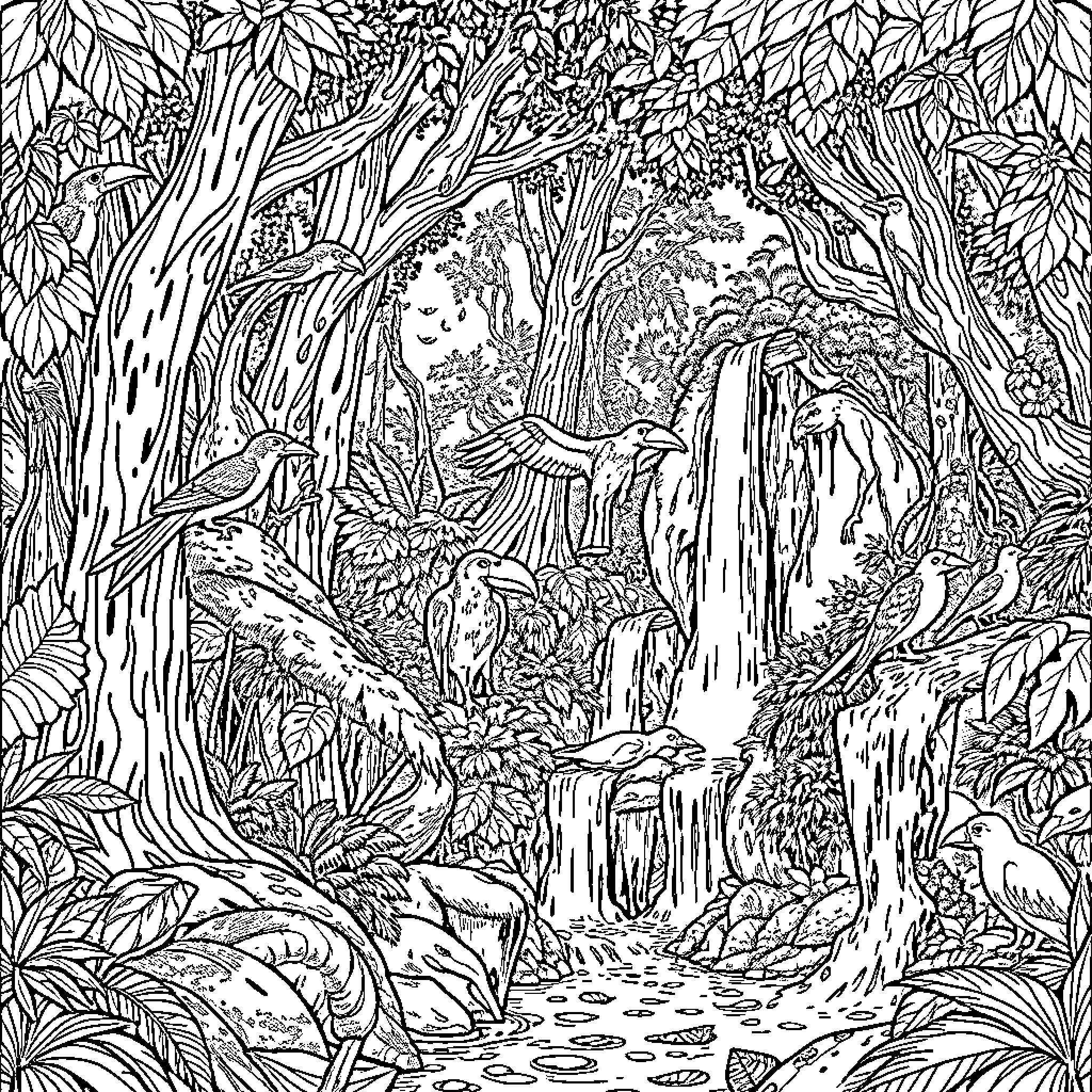 Rain Forest Fantastical Landscape with Waterfall Coloring Page (free black-and-white line drawing printable PDF for all, from beginners to advanced learners, including children, teens, adults, and seniors)