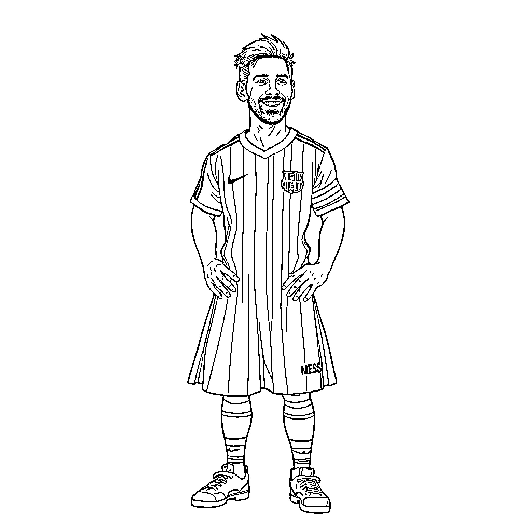 Messi in Barcelona jersey and athletic stance Coloring Page (free black-and-white line drawing printable PDF for all, from beginners to advanced learners, including children, teens, adults, and seniors)