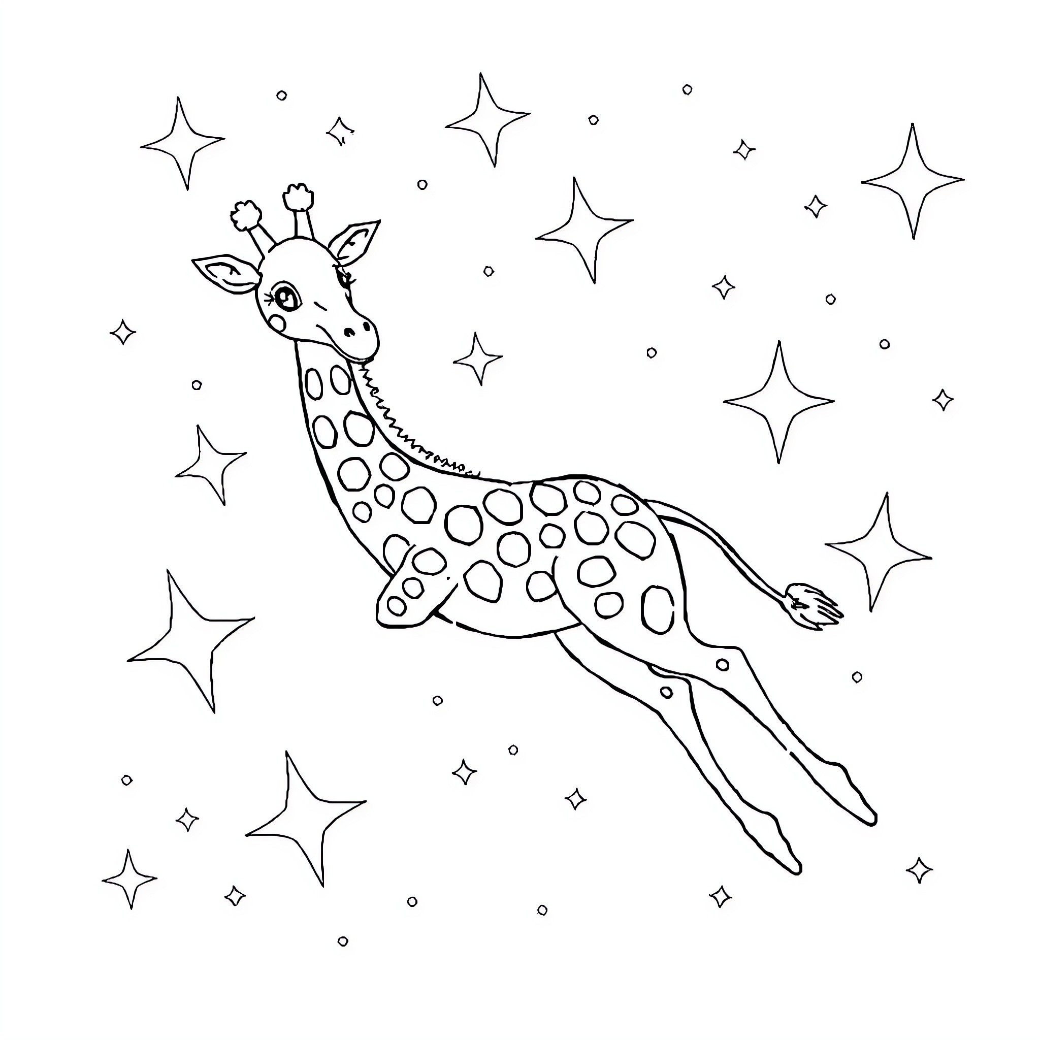 Giraffe leaping amongst stars Coloring Page (free black-and-white line drawing printable PDF for all, from beginners to advanced learners, including children, teens, adults, and seniors)