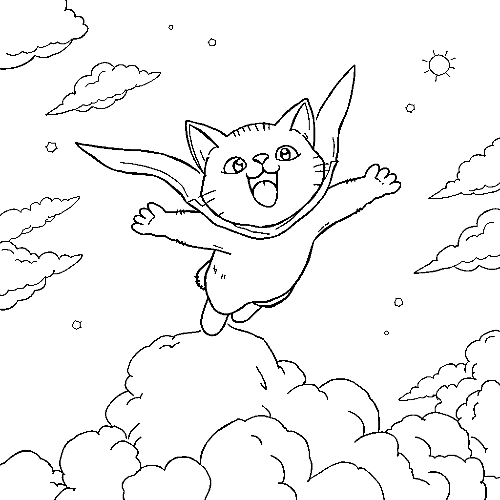 Pudge the cat flying through the clouds Coloring Page (free black-and-white line drawing printable PDF for all, from beginners to advanced learners, including children, teens, adults, and seniors)