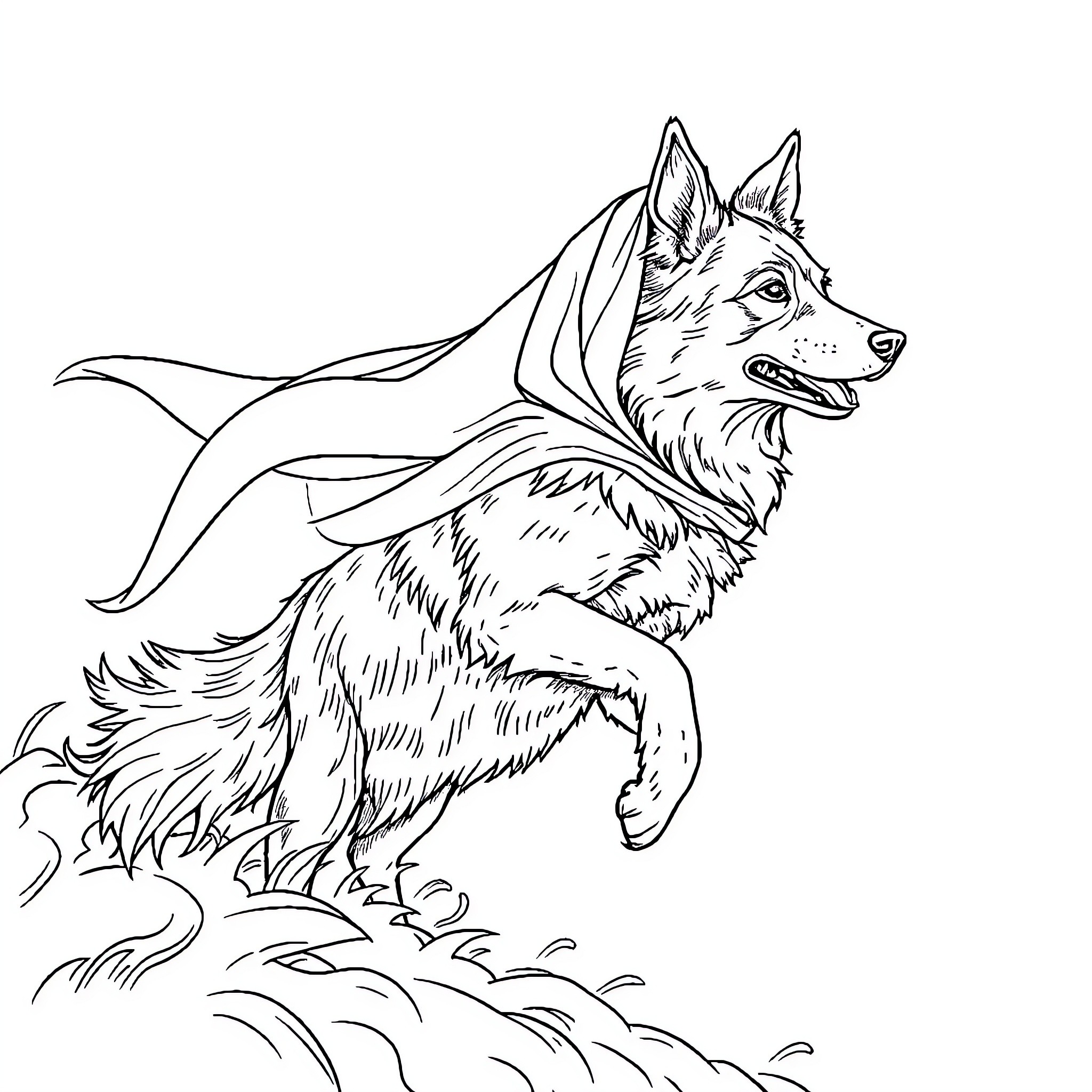 Dog leaping through the air Coloring Page (free black-and-white line drawing printable PDF for all, from beginners to advanced learners, including children, teens, adults, and seniors)