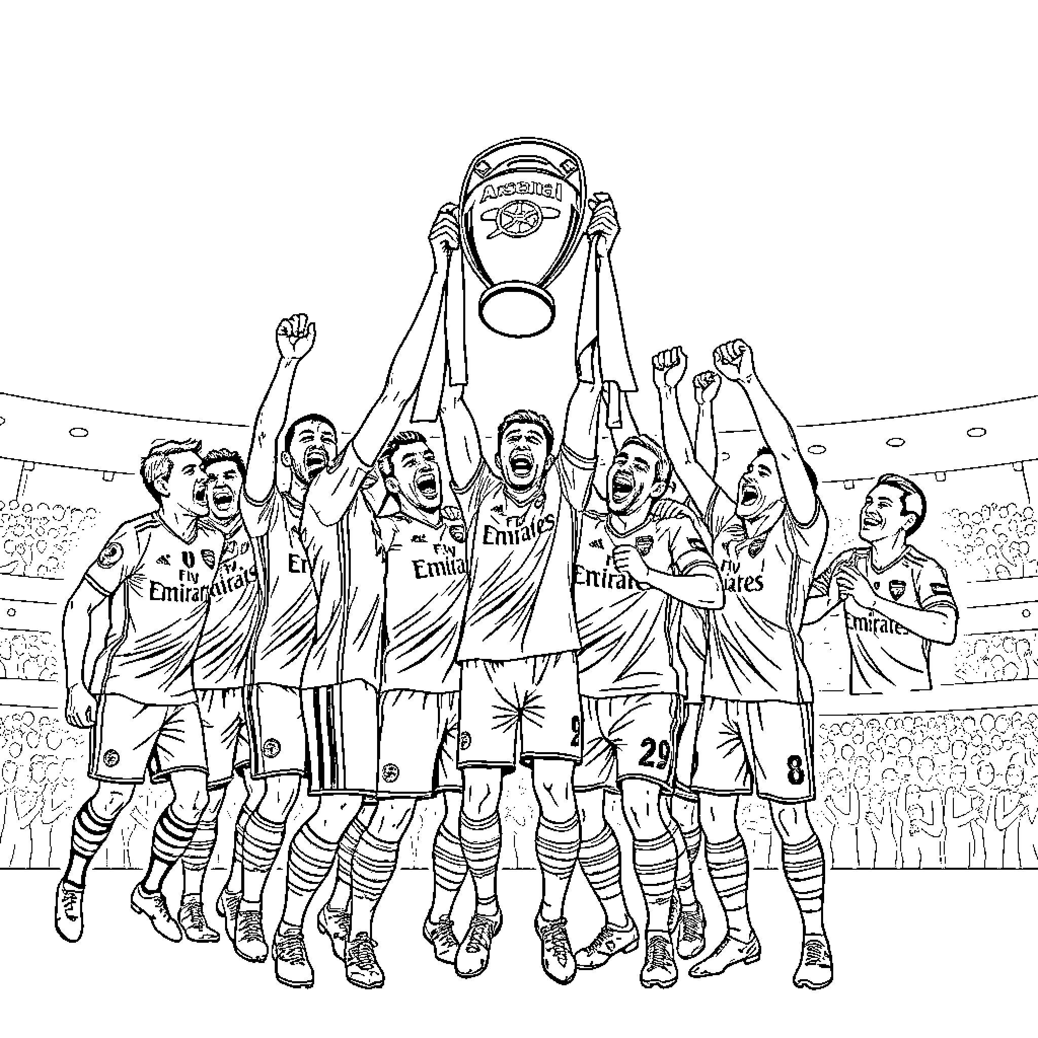 Arsenal players celebrate trophy win on the field Coloring Page (free black-and-white line drawing printable PDF for all, from beginners to advanced learners, including children, teens, adults, and seniors)