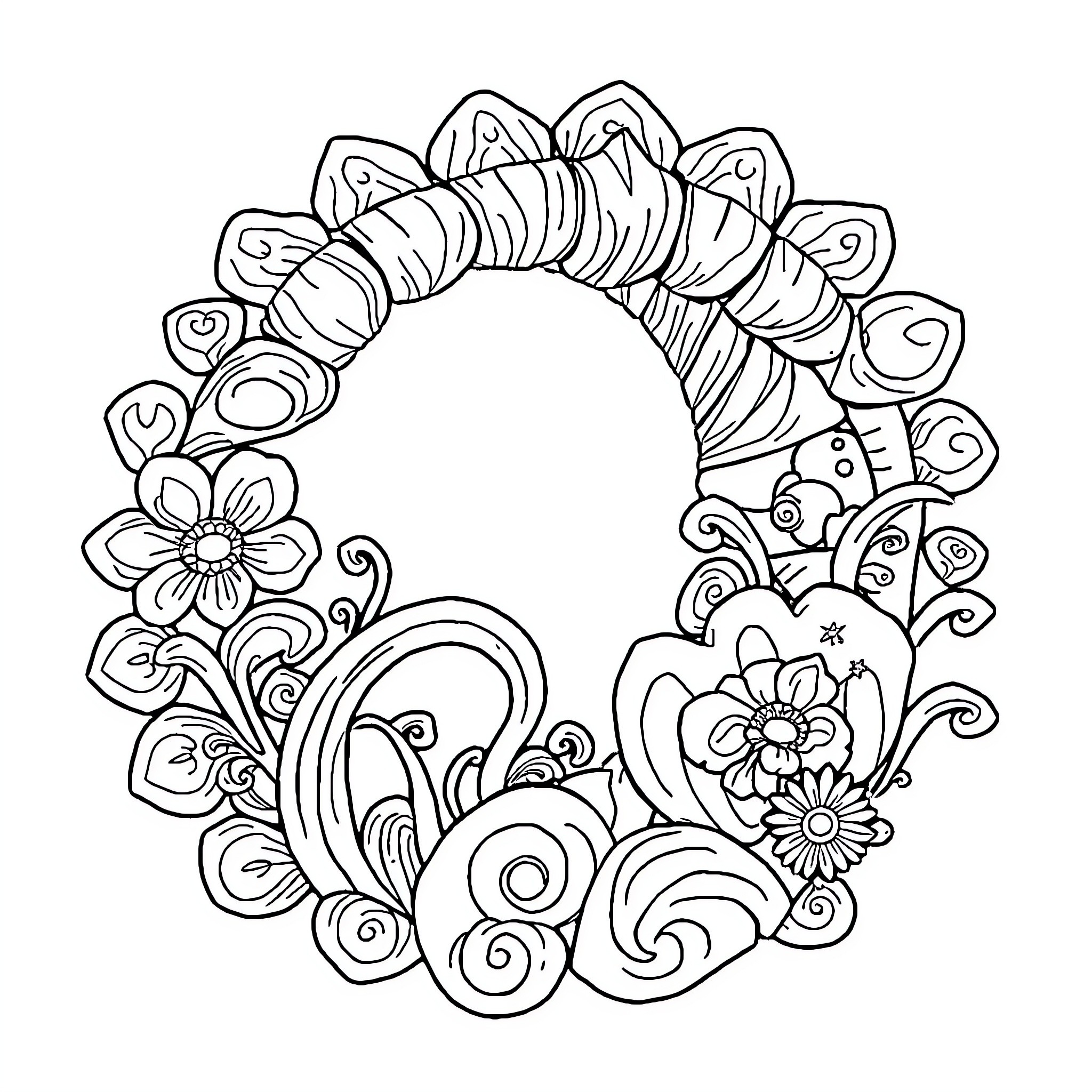 Leaf Wreath with Floral Decorations Coloring Page (free black-and-white line drawing printable PDF for all, from beginners to advanced learners, including children, teens, adults, and seniors)