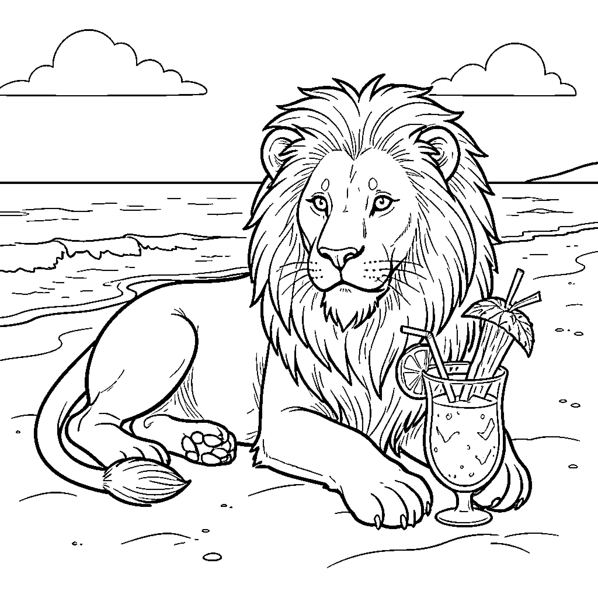 Lion relaxing on the beach with a tropical drink Coloring Page (free black-and-white line drawing printable PDF for all, from beginners to advanced learners, including children, teens, adults, and seniors)