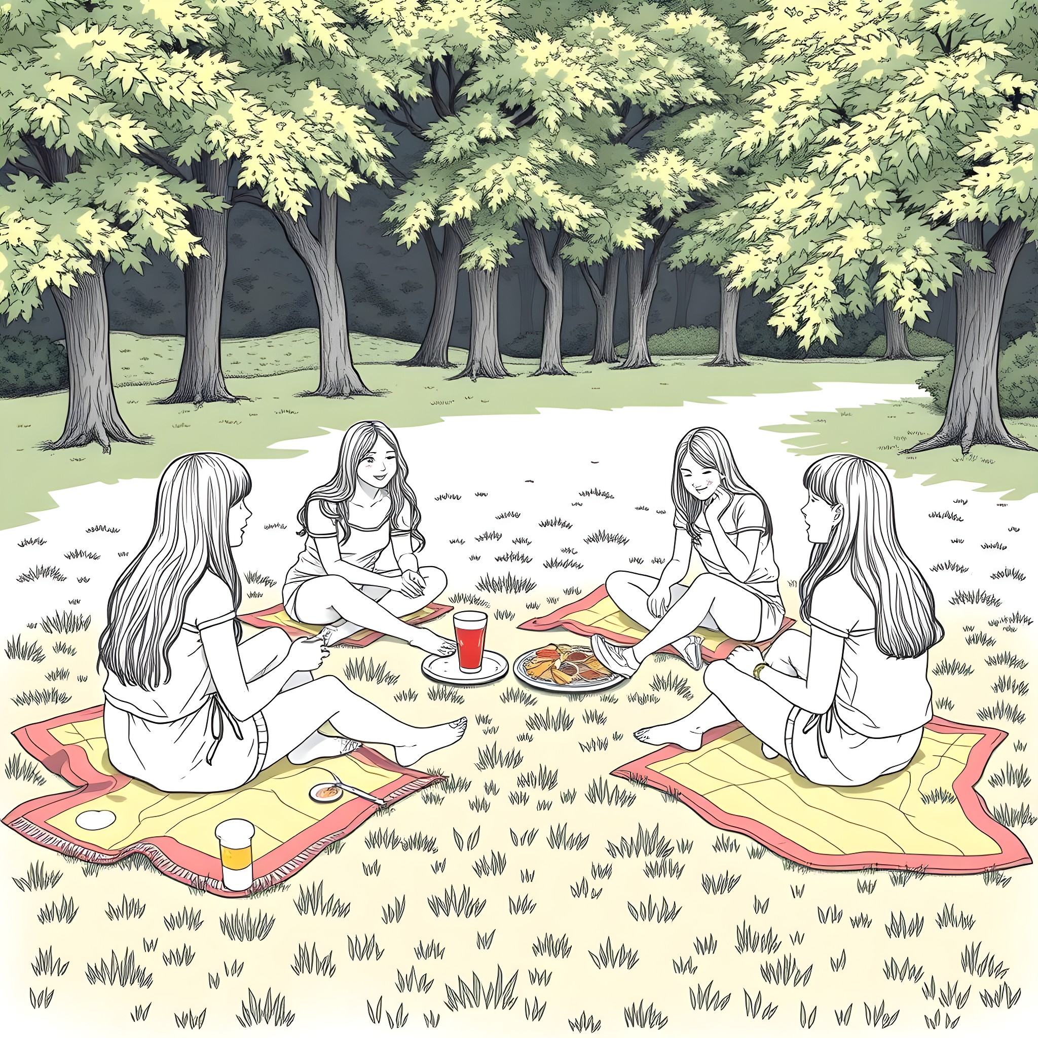 Girls having a picnic in the park Coloring Page (free black-and-white line drawing printable PDF for all, from beginners to advanced learners, including children, teens, adults, and seniors)
