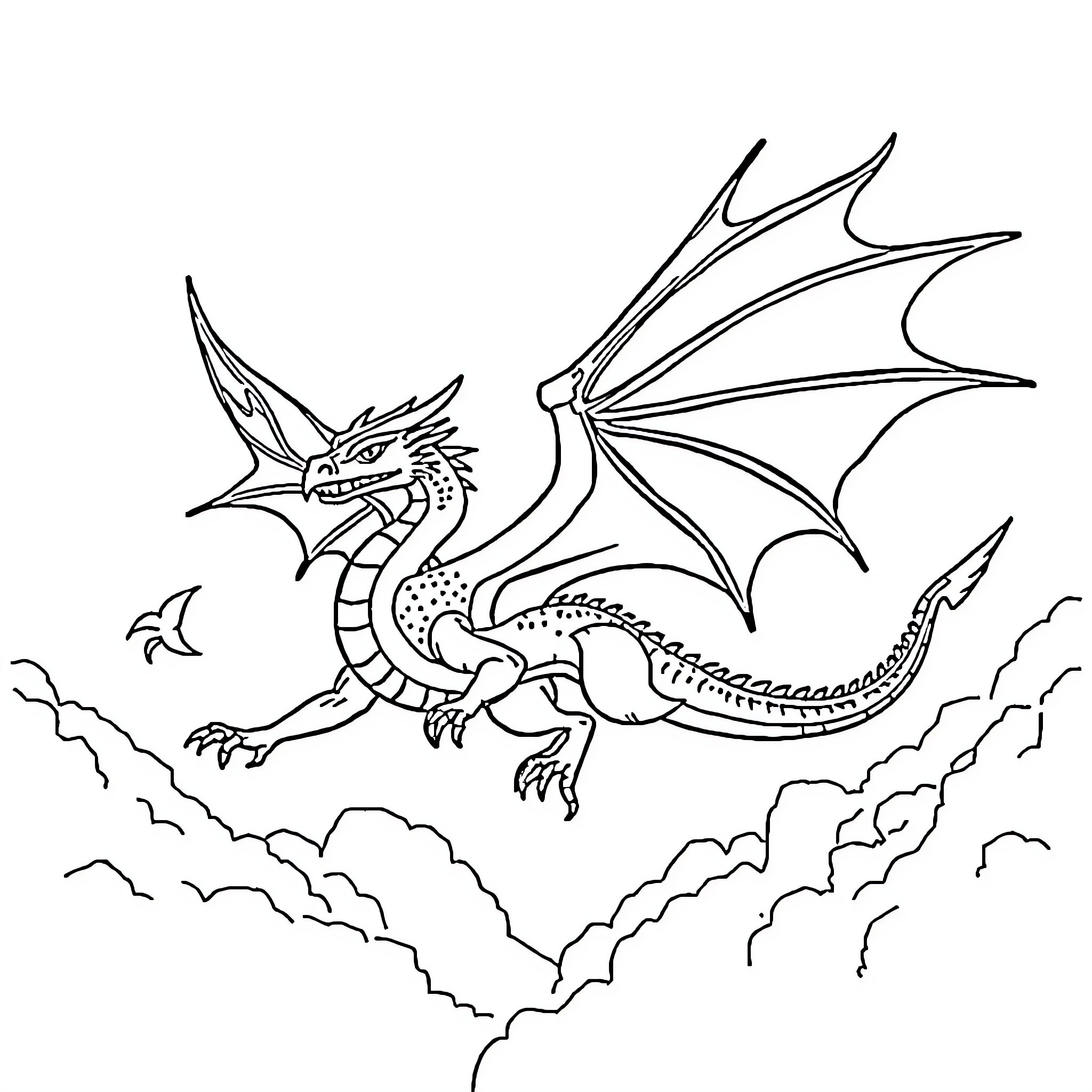 Dragon soaring through the cloudy skies Coloring Page (free black-and-white line drawing printable PDF for all, from beginners to advanced learners, including children, teens, adults, and seniors)