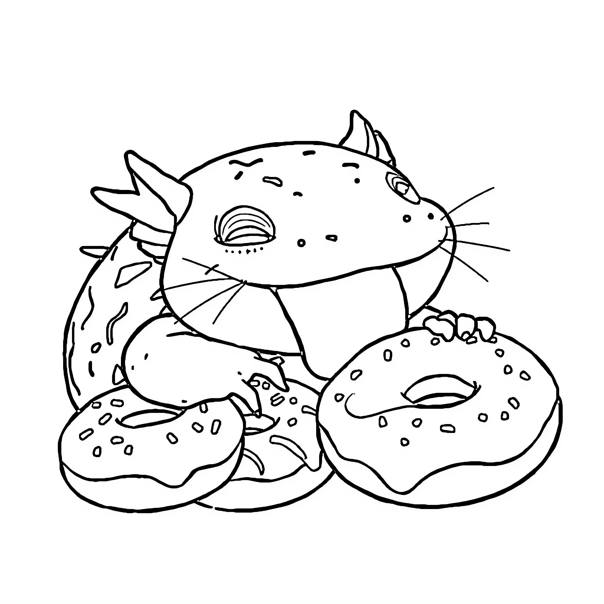 Axolotl enjoying tasty donuts Coloring Page (free black-and-white line drawing printable PDF for all, from beginners to advanced learners, including children, teens, adults, and seniors)
