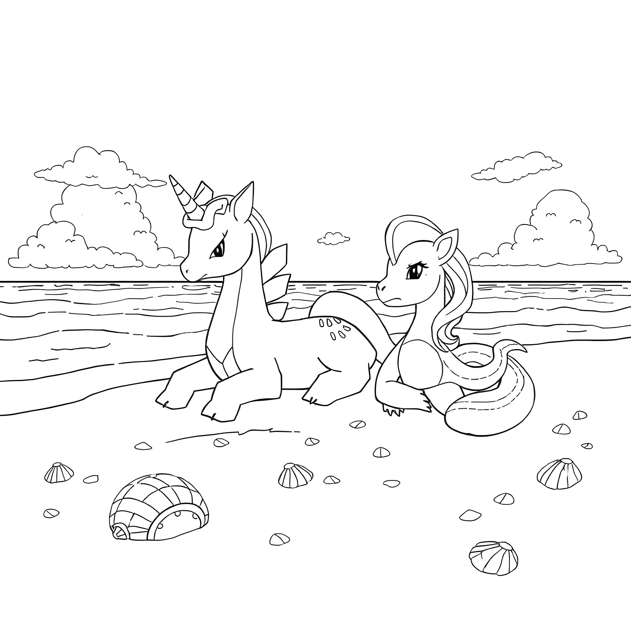 Lycaroc playing with friends in the ocean Coloring Page (free black-and-white line drawing printable PDF for all, from beginners to advanced learners, including children, teens, adults, and seniors)