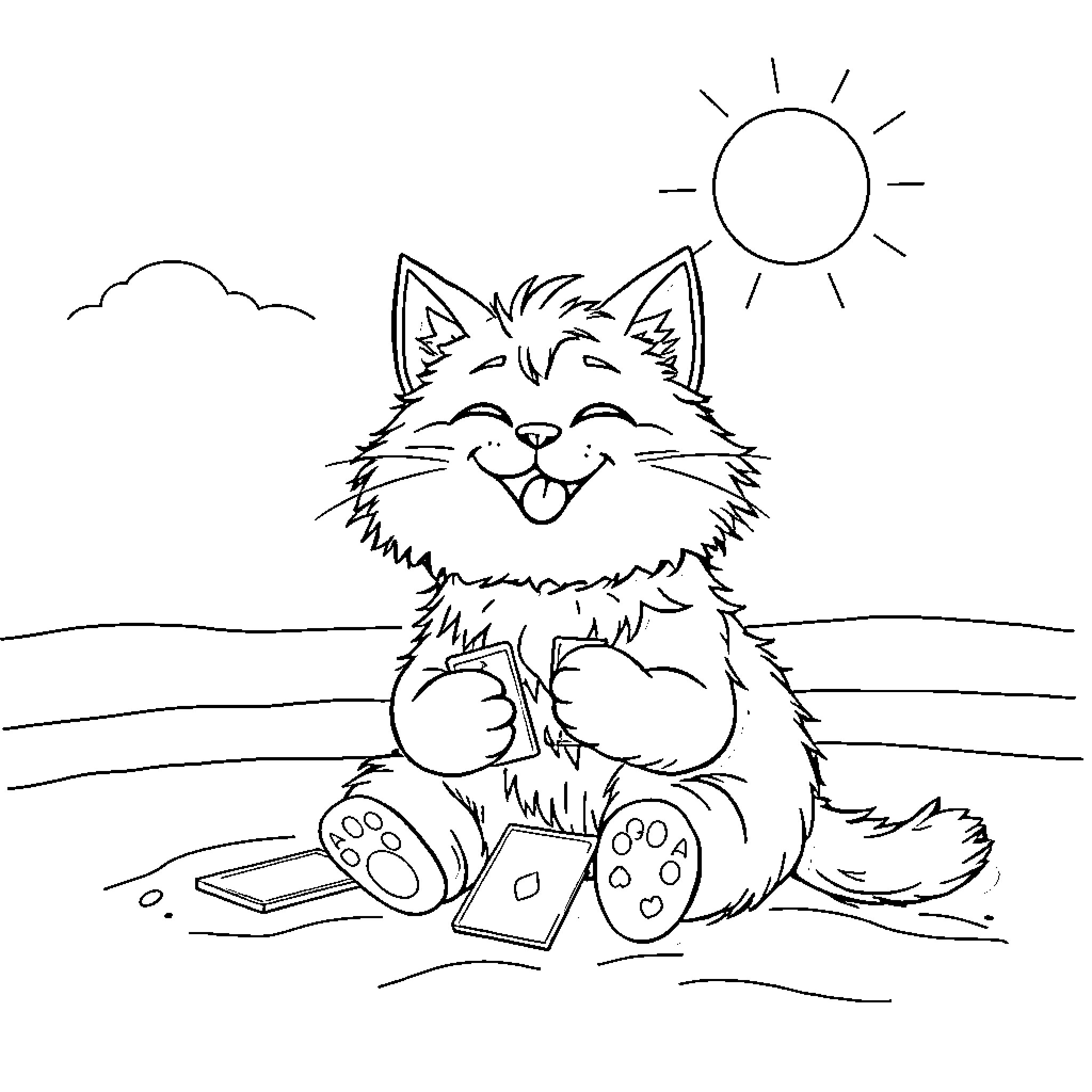 Cat enjoying the sun on a beautiful day Coloring Page (free black-and-white line drawing printable PDF for all, from beginners to advanced learners, including children, teens, adults, and seniors)