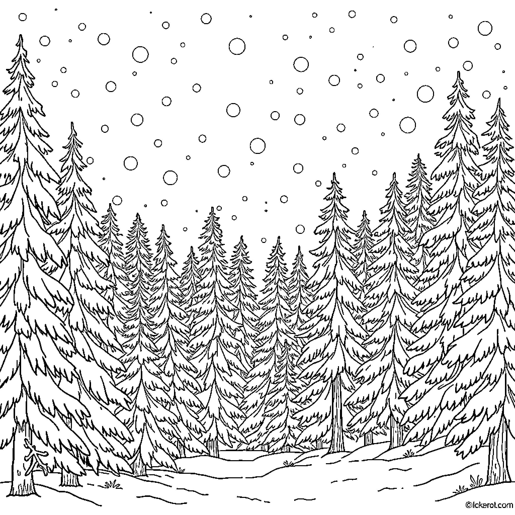 Snowflake Winter Wonderland with Evergreen Trees Coloring Page (free black-and-white line drawing printable PDF for all, from beginners to advanced learners, including children, teens, adults, and seniors)