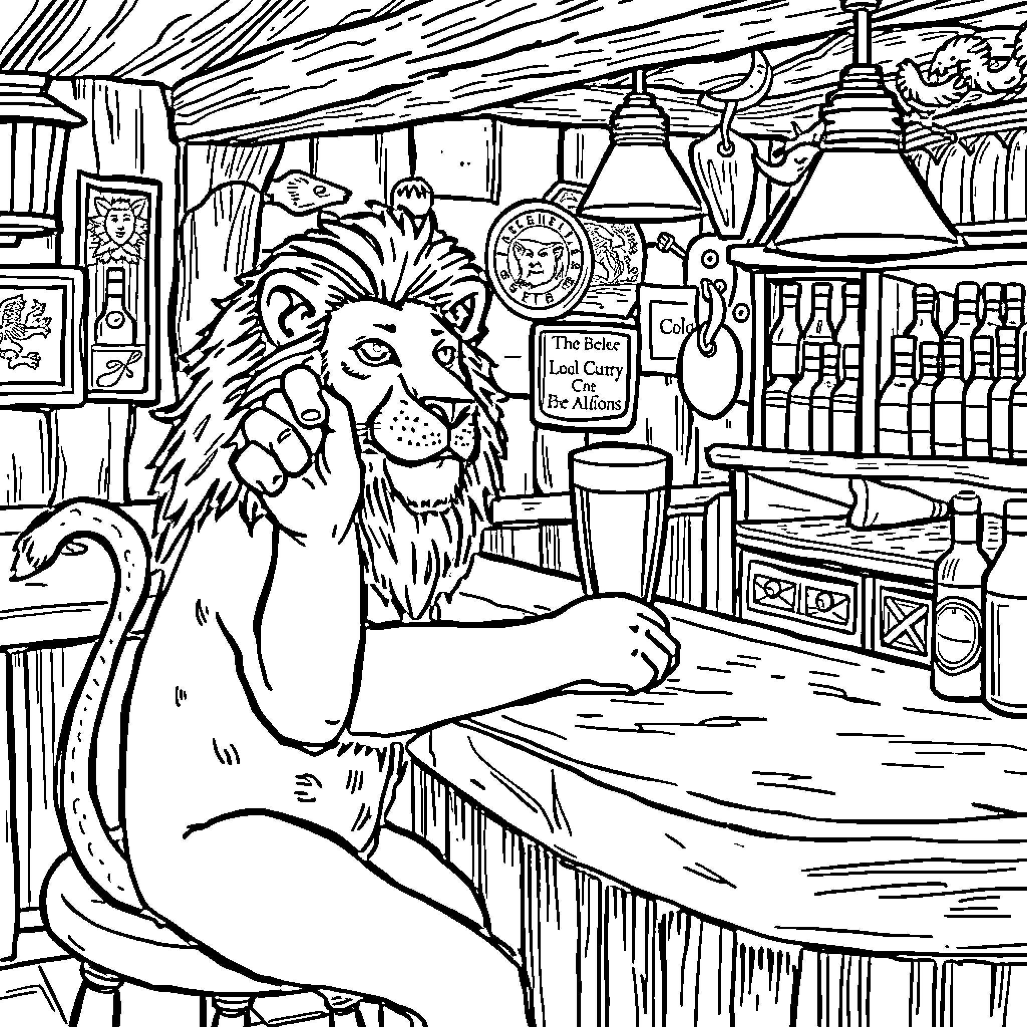 Lion bartender serving drinks in a quirky bar Coloring Page (free black-and-white line drawing printable PDF for all, from beginners to advanced learners, including children, teens, adults, and seniors)