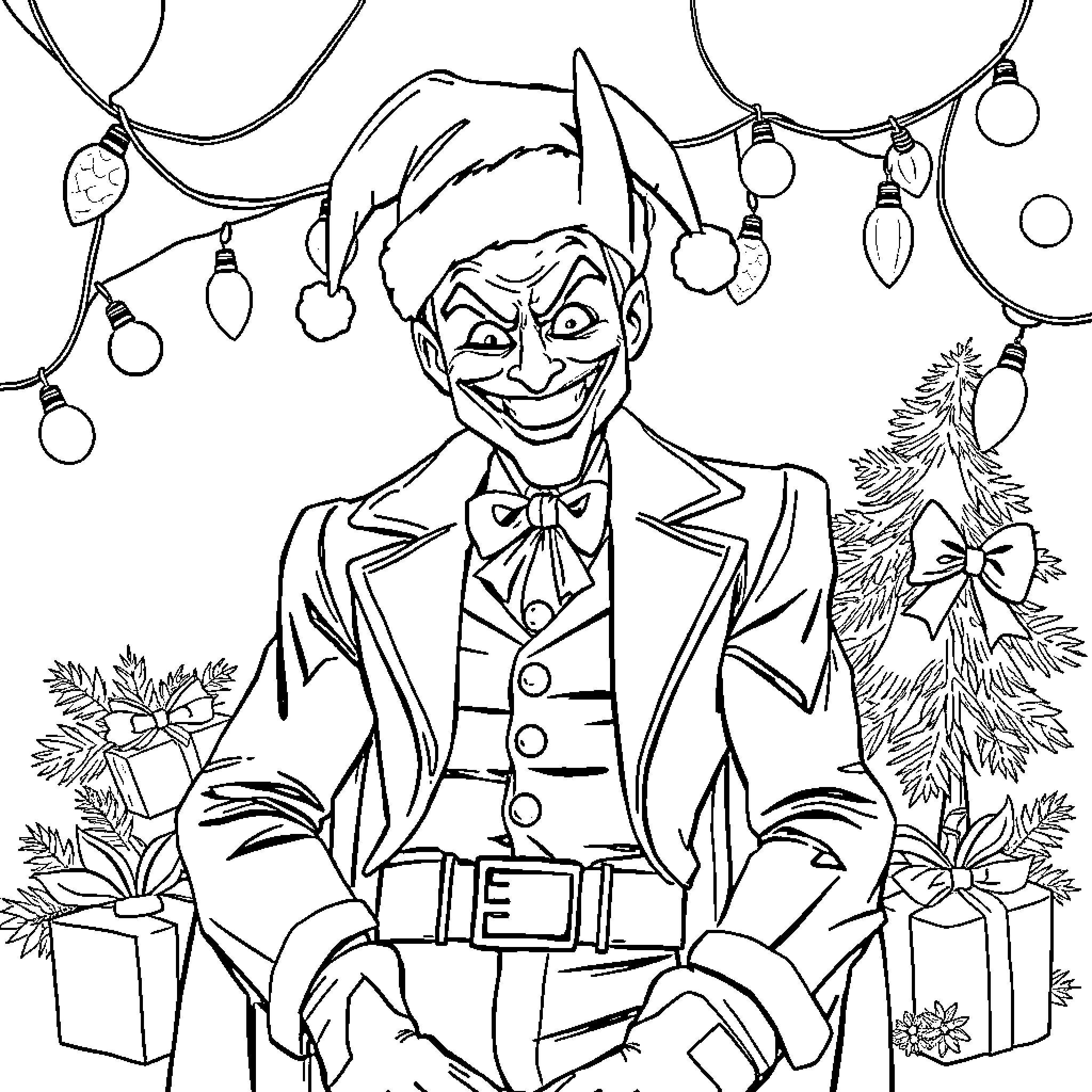 Joker's Festive Mischief Coloring Page (free black-and-white line drawing printable PDF for all, from beginners to advanced learners, including children, teens, adults, and seniors)