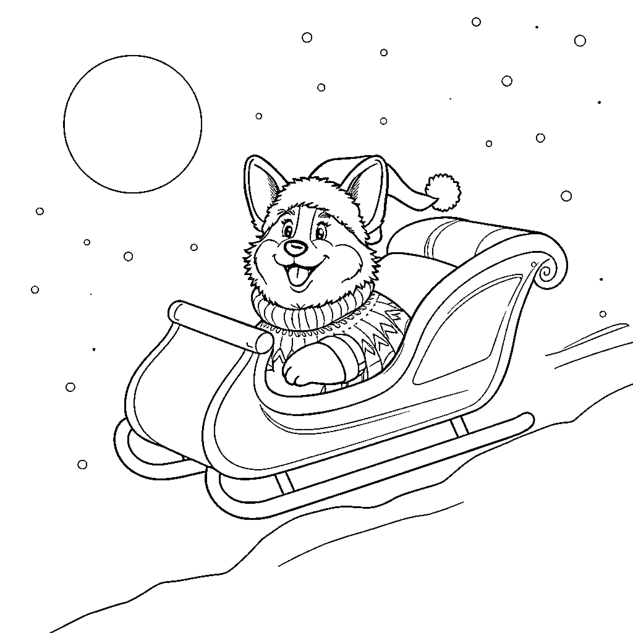 Corgi riding a sleigh on a snowy night Coloring Page (free black-and-white line drawing printable PDF for all, from beginners to advanced learners, including children, teens, adults, and seniors)