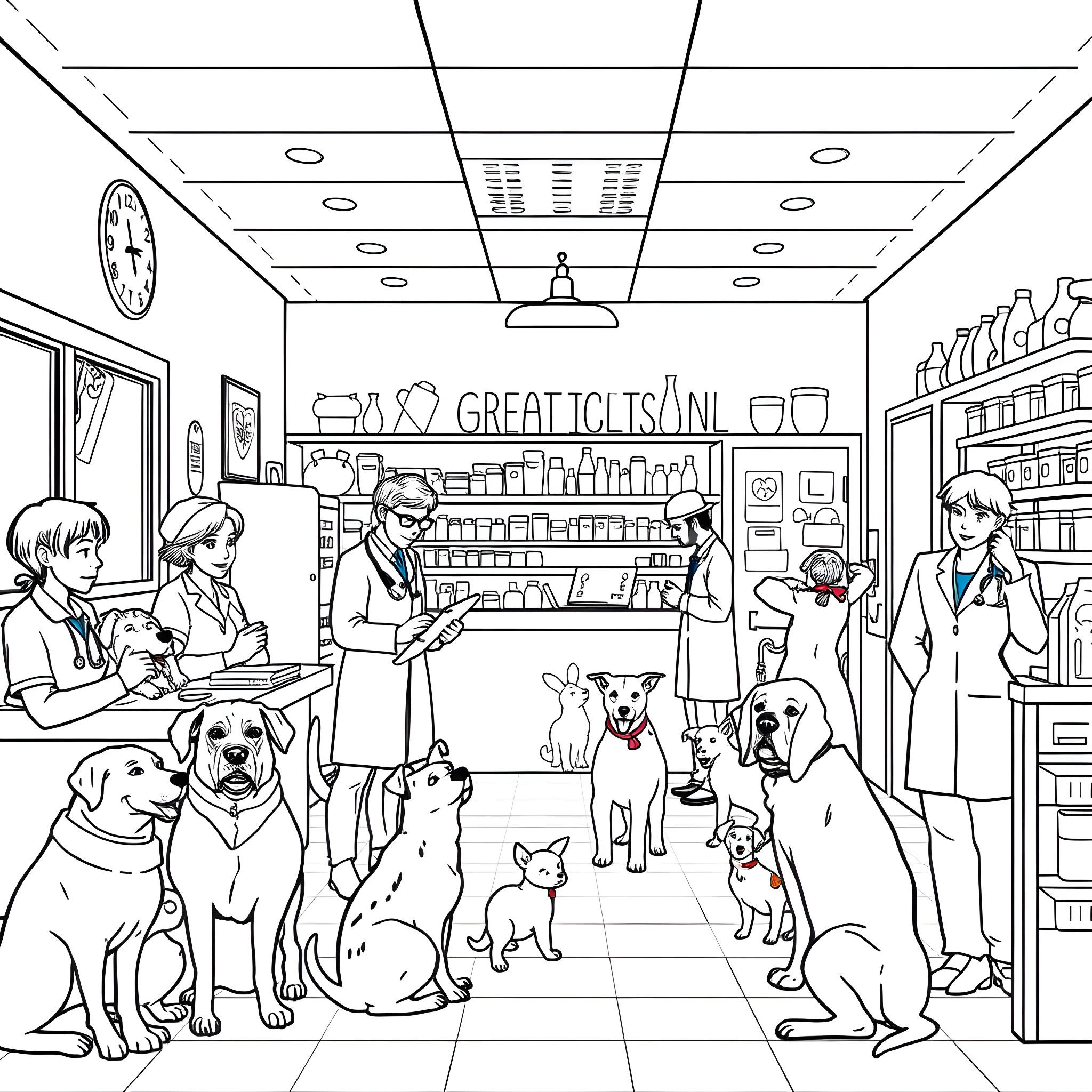 Vetco: Pets, Customers, and Employees in a Pet Store Coloring Page (free black-and-white line drawing printable PDF for all, from beginners to advanced learners, including children, teens, adults, and seniors)