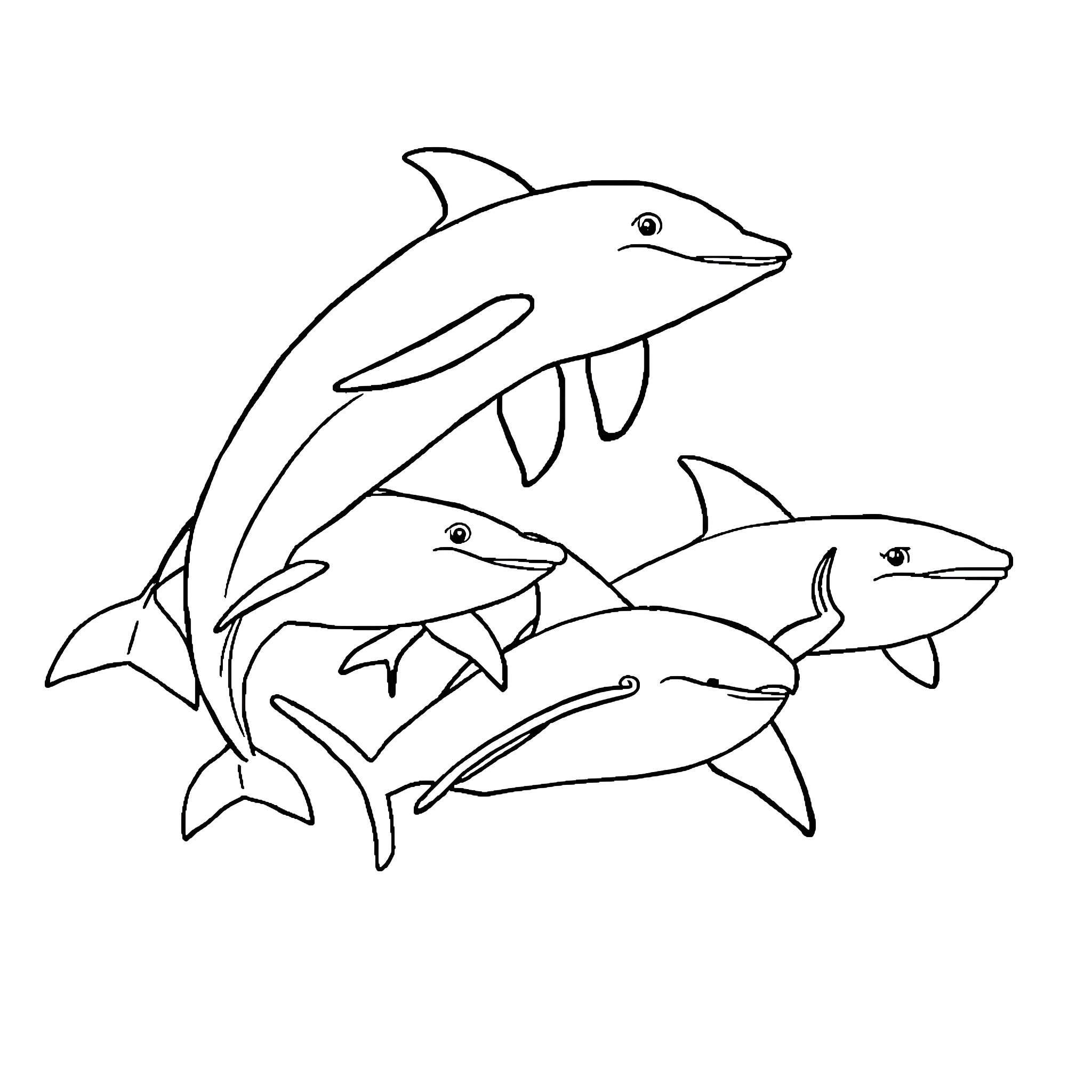 Dolphin family swimming together Coloring Page (free black-and-white line drawing printable PDF for all, from beginners to advanced learners, including children, teens, adults, and seniors)