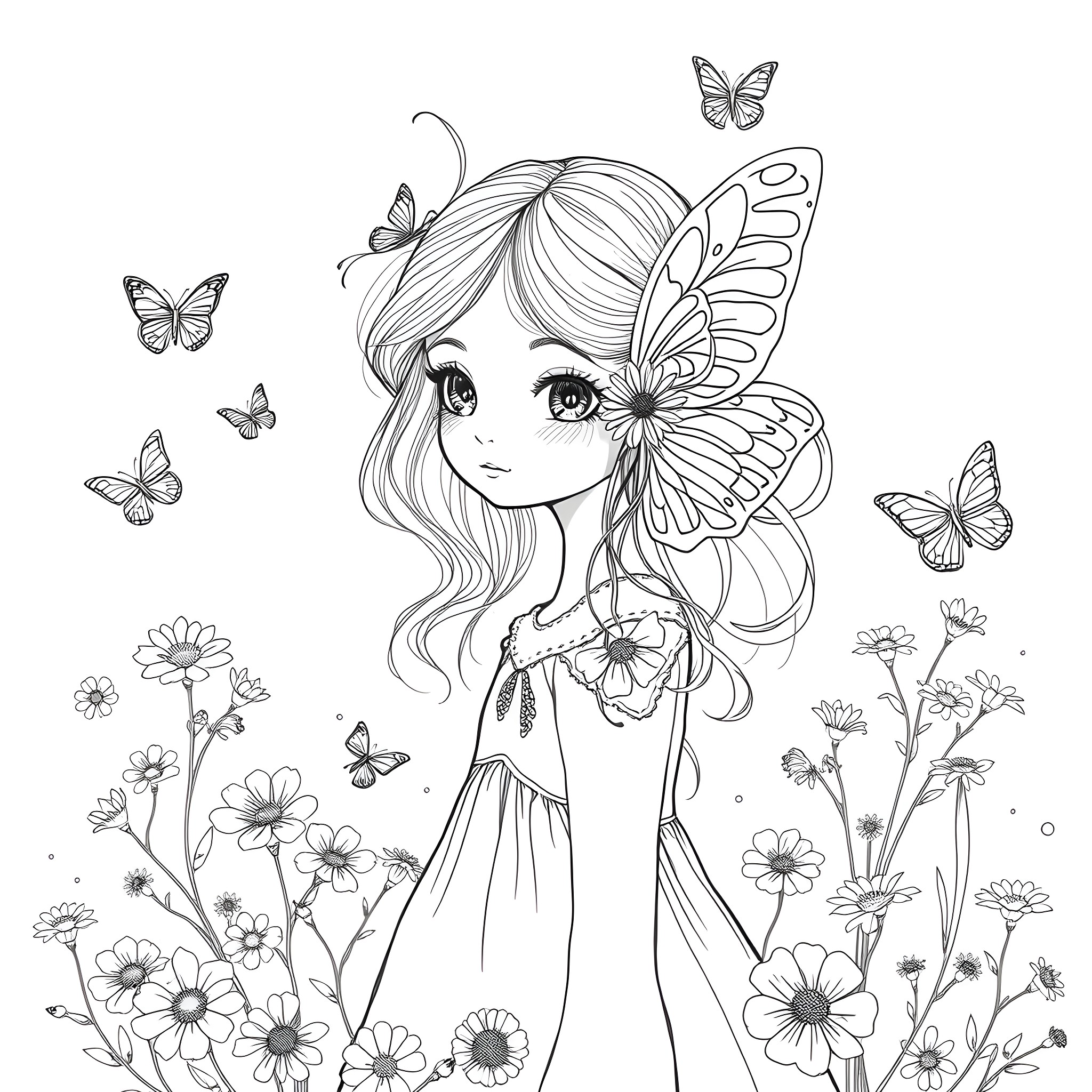 Girl with Butterfly Wings Surrounded by Flowers Coloring Page (free black-and-white line drawing printable PDF for all, from beginners to advanced learners, including children, teens, adults, and seniors)