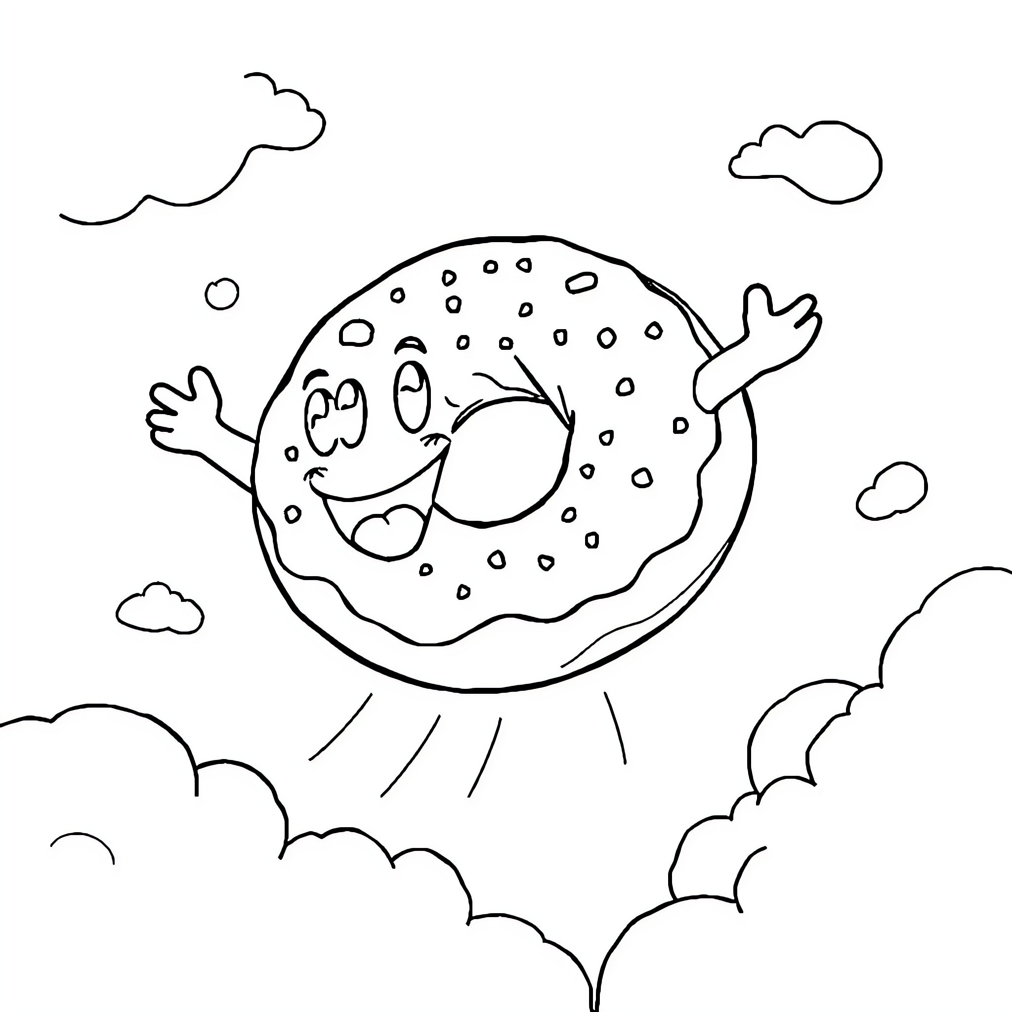 Donut happily flying through the clouds Coloring Page (free black-and-white line drawing printable PDF for all, from beginners to advanced learners, including children, teens, adults, and seniors)