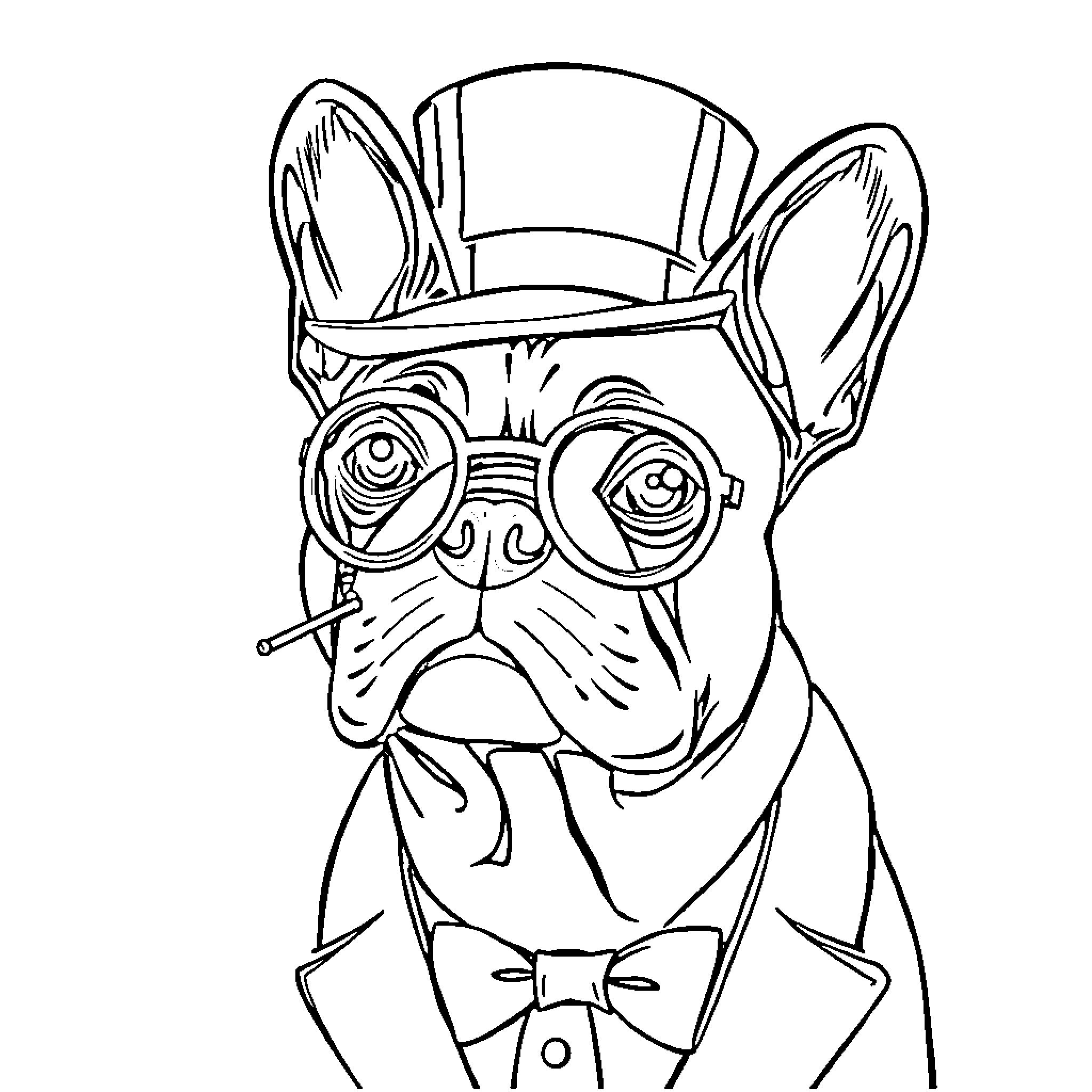 French Bulldog wearing a hat and glasses with a bowtie Coloring Page (free black-and-white line drawing printable PDF for all, from beginners to advanced learners, including children, teens, adults, and seniors)