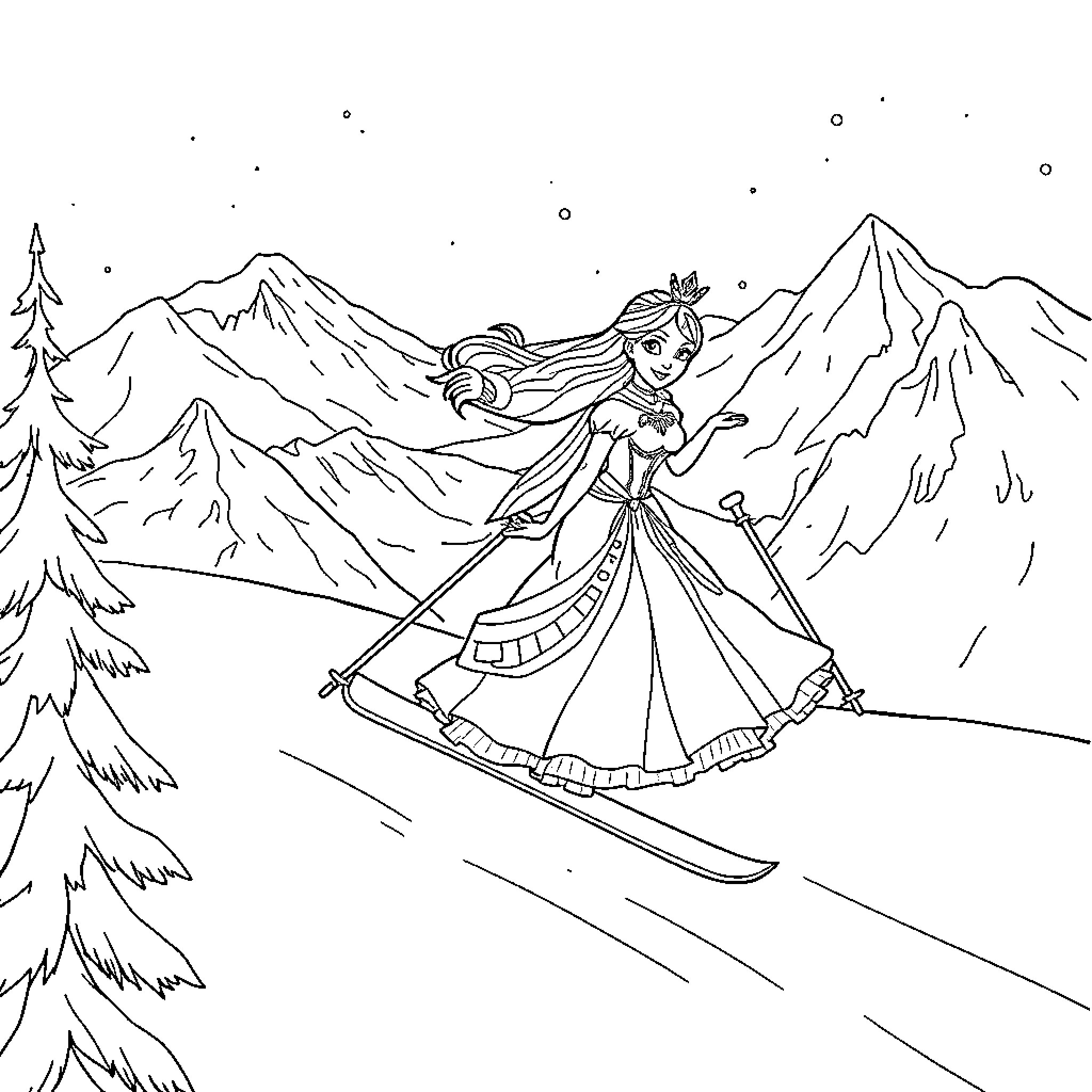 Snow Queen skiing gracefully in the snowy mountains Coloring Page (free black-and-white line drawing printable PDF for all, from beginners to advanced learners, including children, teens, adults, and seniors)