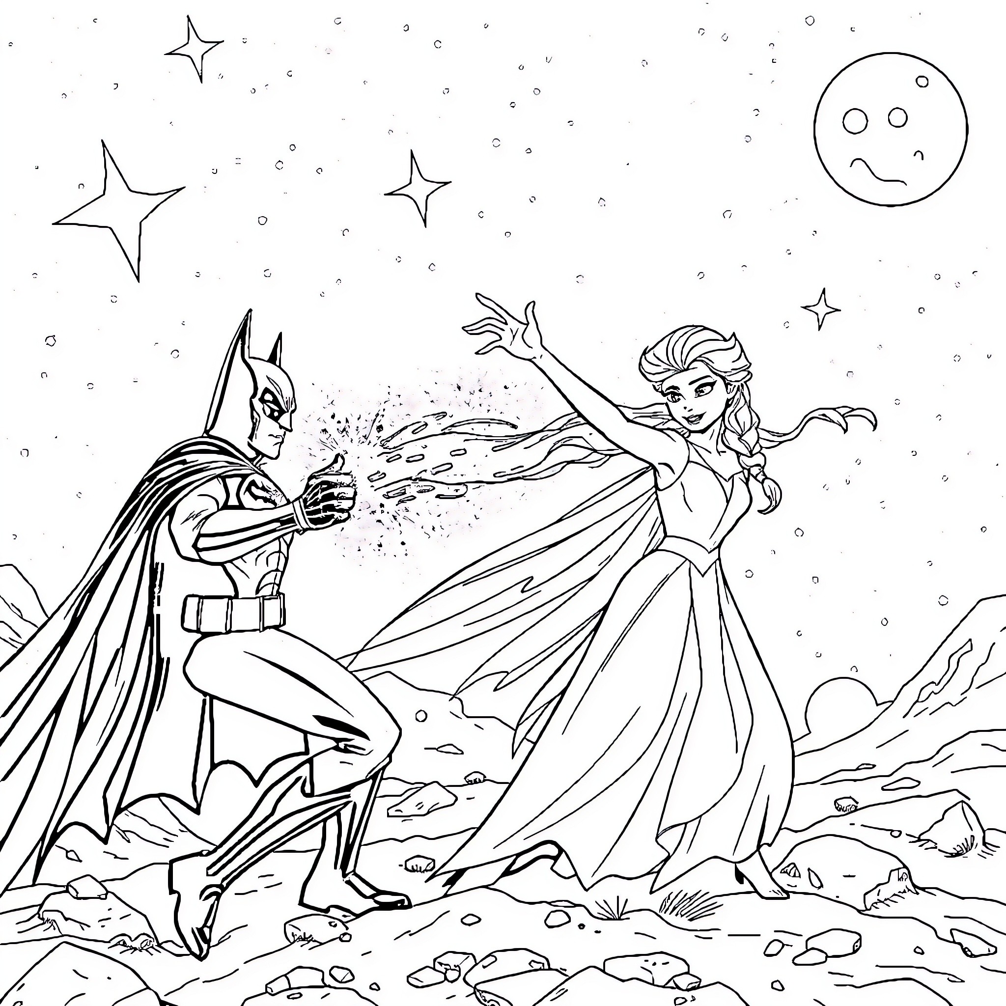 Elsa's Frozen Encounter with a Dark Knight Coloring Page (free black-and-white line drawing printable PDF for all, from beginners to advanced learners, including children, teens, adults, and seniors)