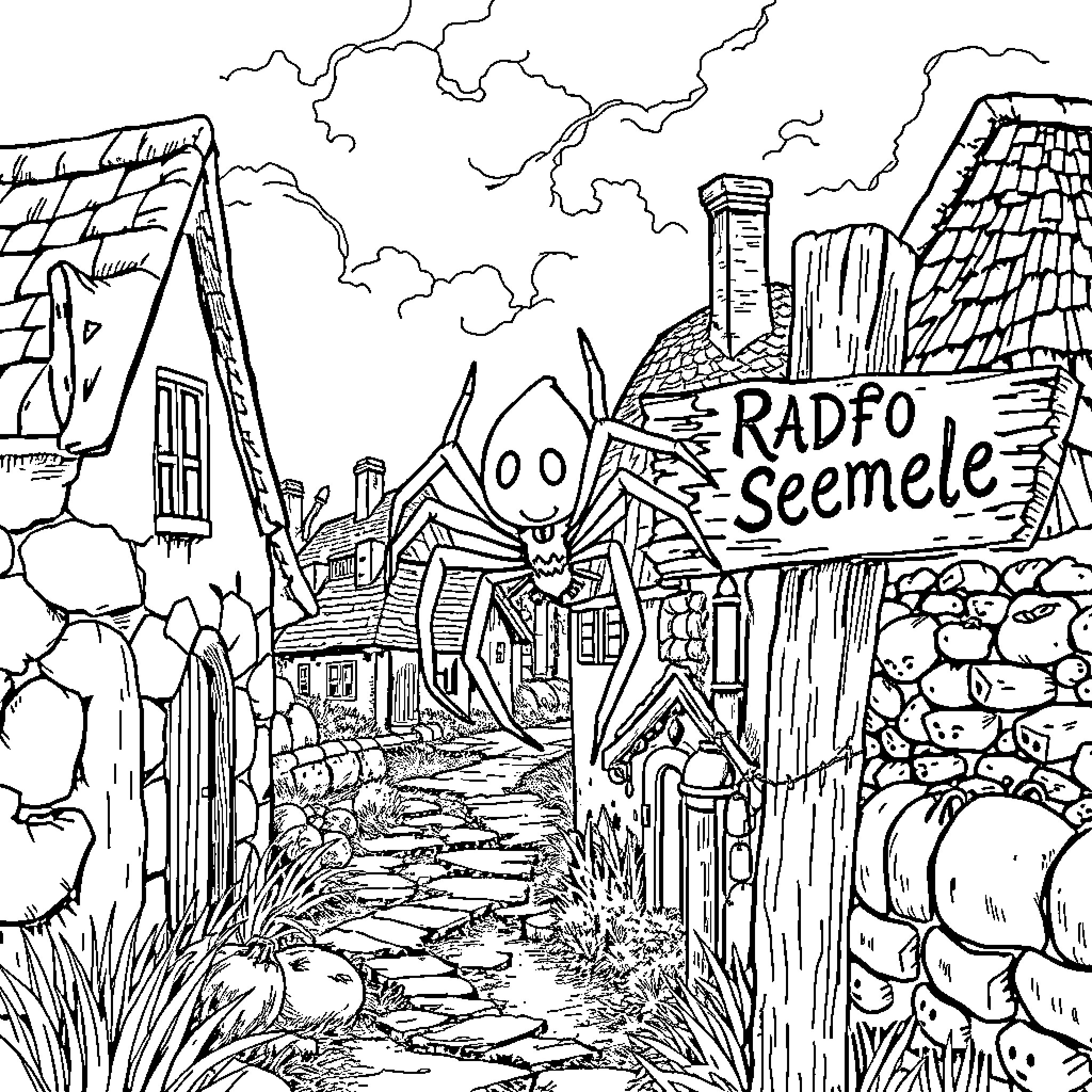Spider's Eerie Adventure through Radfo Seemele Coloring Page (free black-and-white line drawing printable PDF for all, from beginners to advanced learners, including children, teens, adults, and seniors)