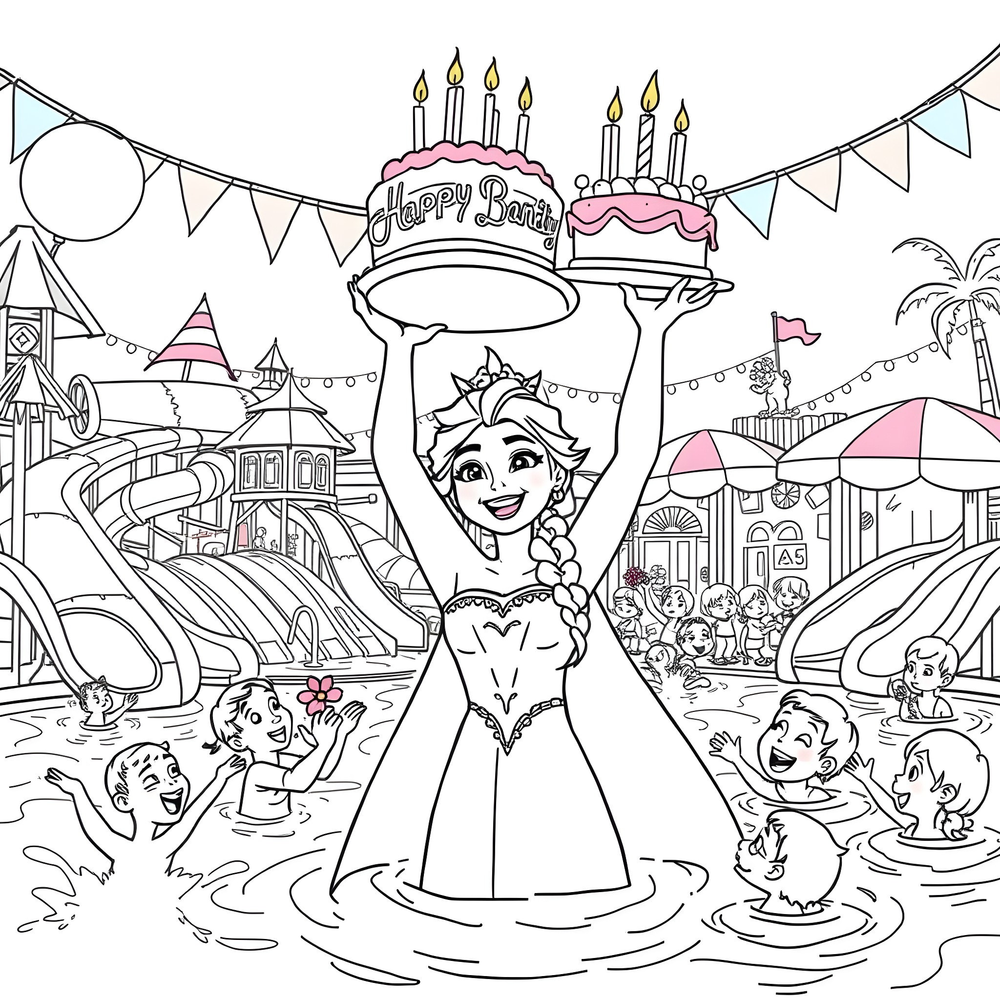 Elsa's Birthday Celebration at the Enchanted Park Coloring Page (free black-and-white line drawing printable PDF for all, from beginners to advanced learners, including children, teens, adults, and seniors)