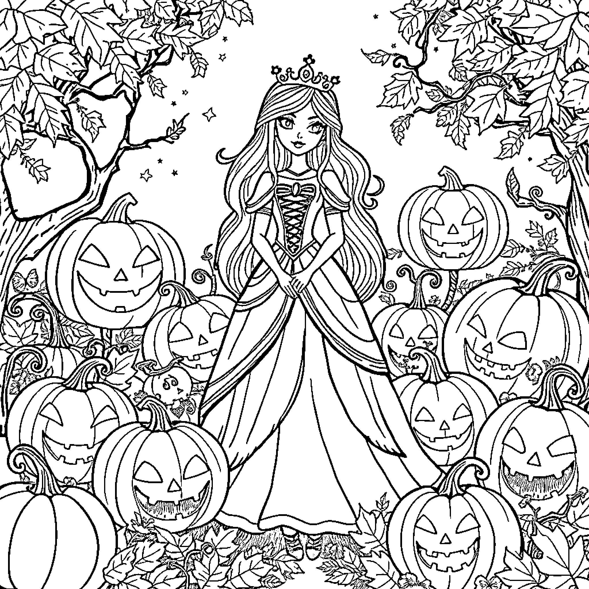 Princess in a Magical Halloween Wonderland Coloring Page (free black-and-white line drawing printable PDF for all, from beginners to advanced learners, including children, teens, adults, and seniors)