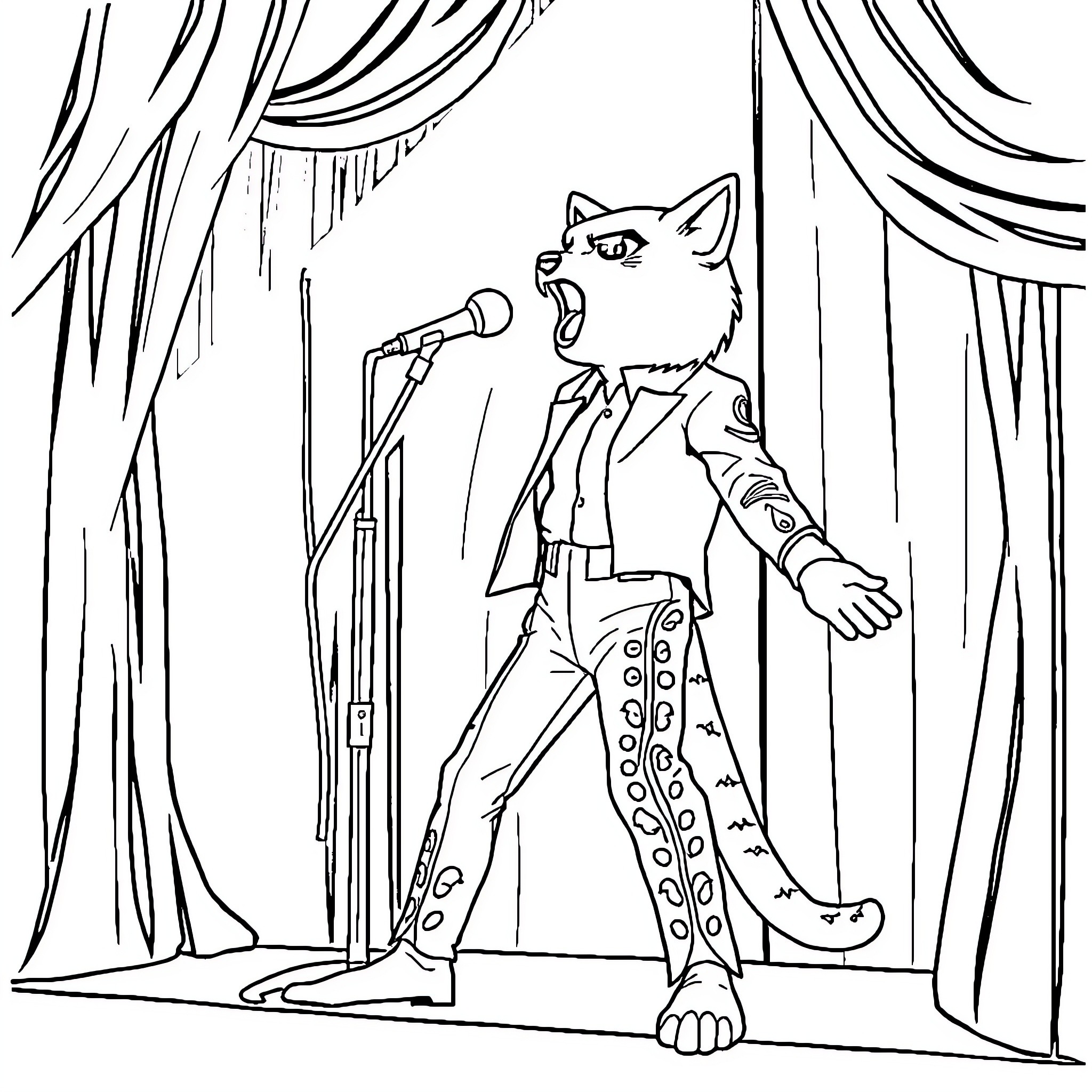 Freddy Mercury Performs on Stage in Flamboyant Outfit Coloring Page (free black-and-white line drawing printable PDF for all, from beginners to advanced learners, including children, teens, adults, and seniors)